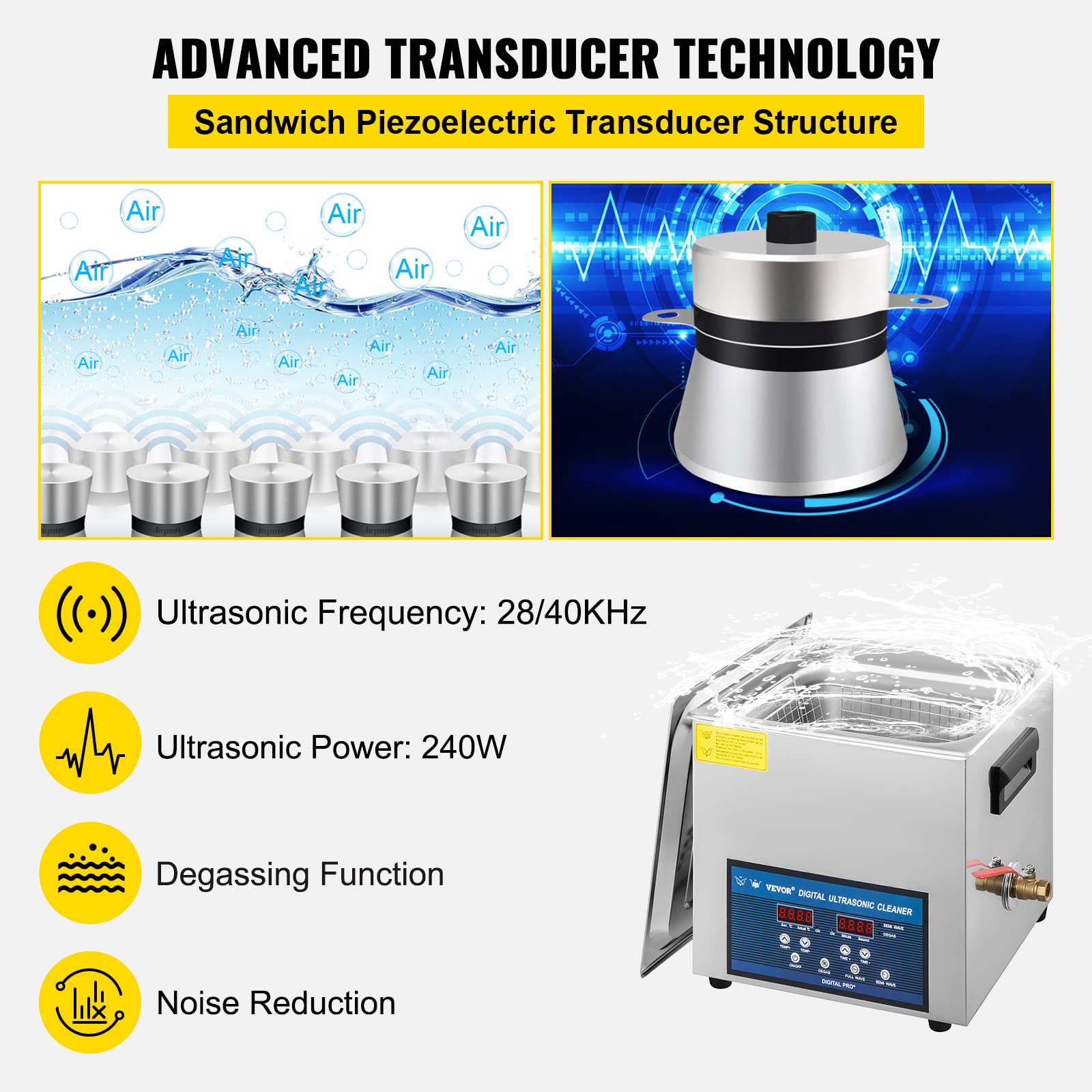 VEVOR Nettoyeur à Ultrasons Double Fréquence 10 L, Professionnel Nettoyeur à Ultrasons 220 V avec Chauffage, Nettoyeur Ultrasons en Acier Inoxydable pour Pièces Bijoux Carte de Circuit 28/40 kHz