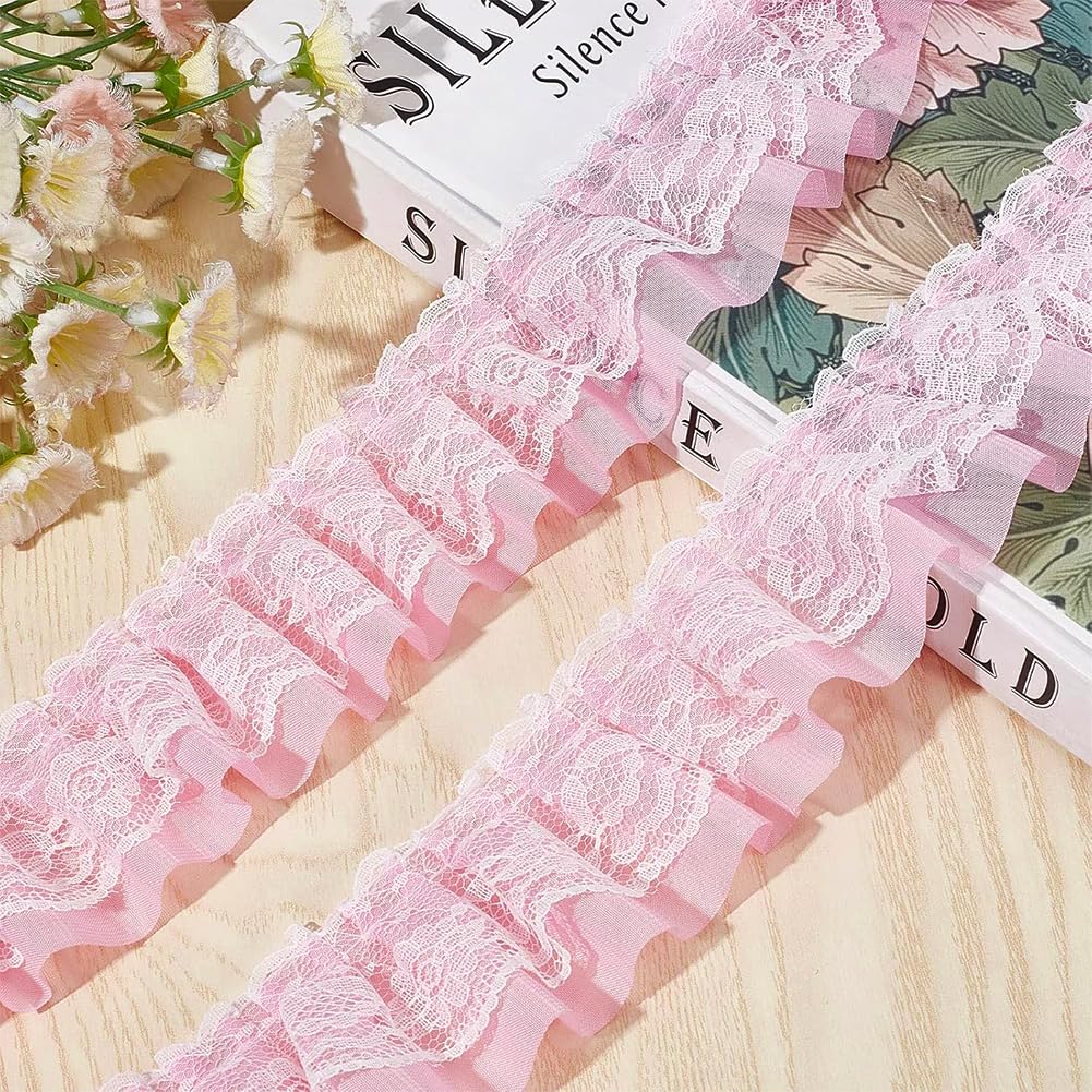 GORGECRAFT 11 Yards Pink Double-Layer Pleated Chiffon Lace Trim 5cm Wide 2-Layer Gathered Ruffle Trim Edging Tulle Trimmings Fabric Ribbon Jacquard lace for DIY Sewing Crafts Pillowcase Embellishments