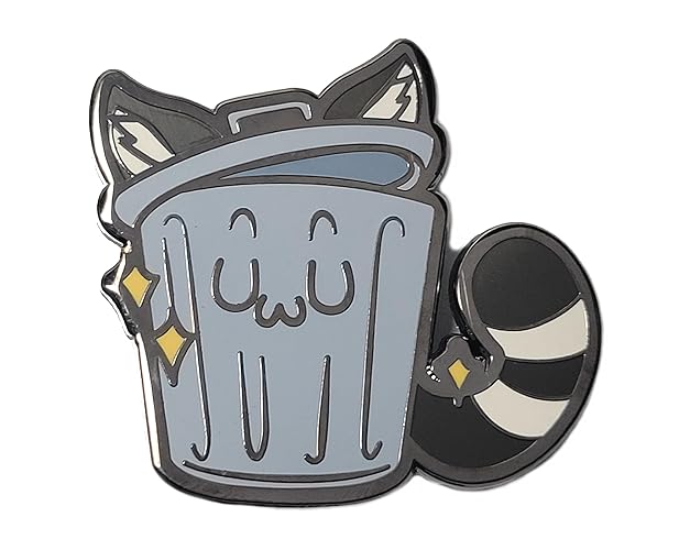Chibi Raccoon Trash Panda Enamel Lapel Pin | Furry Trash Pin Anthro Trash Can with Ears and Tail, Metal, no gemstone