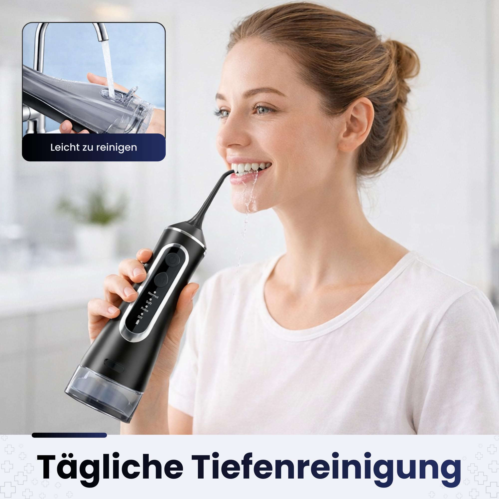 BeFit24 Elektrische Tragbare Munddusche 320 ml Water Flosser Kabellos IPX8 | Munddusche Waterflosser Tragbarer Dental Irrigator 4 Modi 120PSI 1400–1800/min | 1400mAh Batterie USB Wiederaufladbar