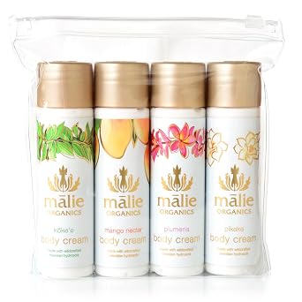 Malie Organics Body Cream Gift Set, Hawaiian Body Moisturizer Gift Box with Kokee, Mango, Plumeria + Pikake, Organic Botanical Body Creams, Gift-Ready