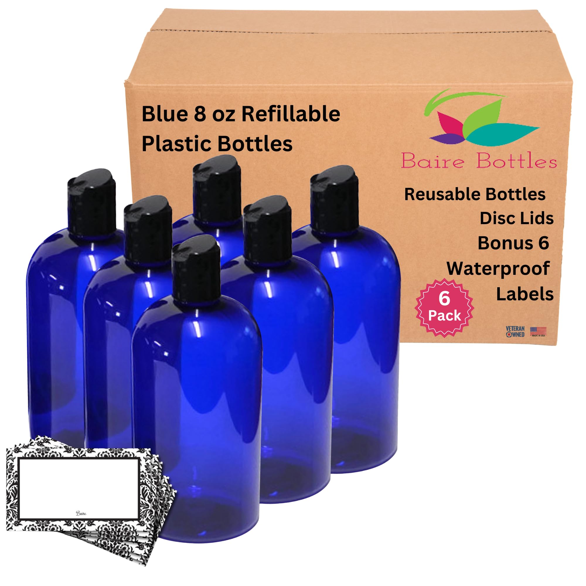 Baire Bottles 8 oz Empty Refillable Plastic Bottles with Squeeze Top, Hand-Press Lids - Hand Soap, Shower, Lotion, Homeopathy, Travel, 6 Pack PET, BPA
