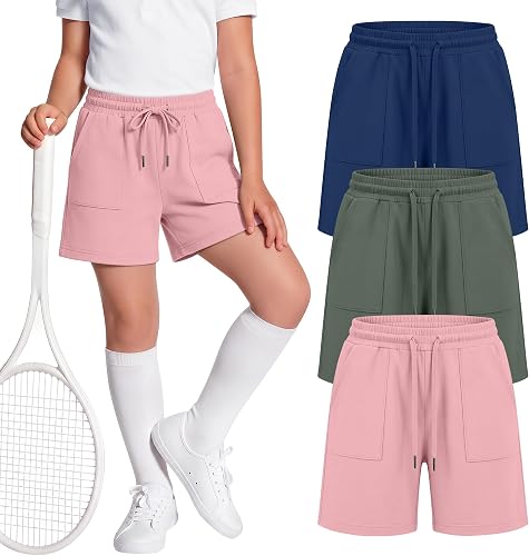 YooAurvox 3 Pack Girl's Sweat Shorts Casual Athletic Shorts with Pockets Drawstr