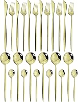 Vista 24 de JASHII Juego de cubiertos de acero inoxidable chapado en rosa titanio, 24 piezas, mango rosa, boca plateada, servicio para 6