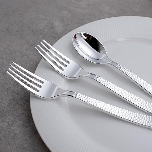 Miniatura 4 de KIRE Juego de 400 tenedores y cucharas de plástico plateado desechables, juego de cubiertos de plástico resistente, cucharas y tenedores plateados,