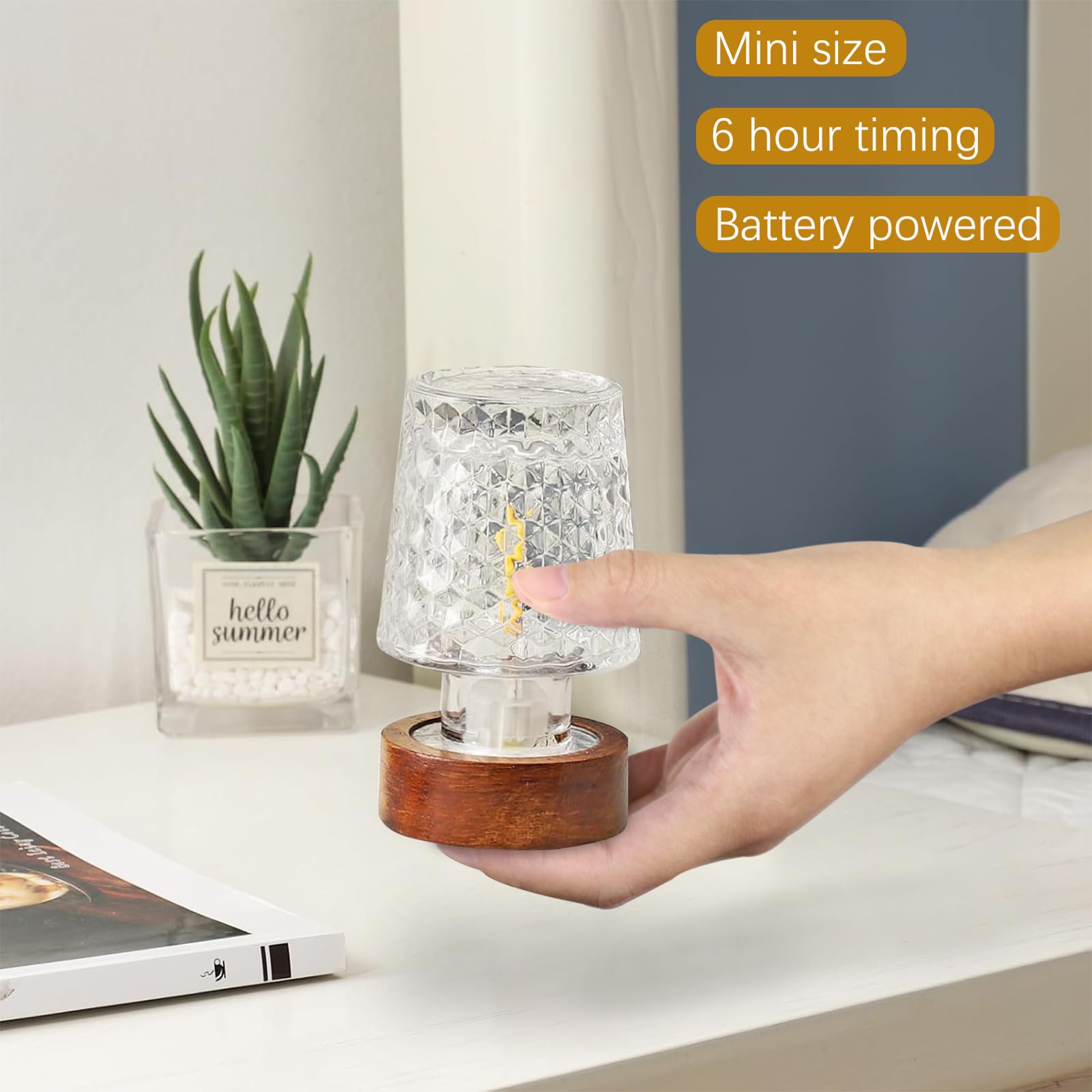 Mini luz nocturna LED suave y cálida, lámpara de cristal portátil con temporizador, estilo Art Deco, color de cristal, para adultos 2