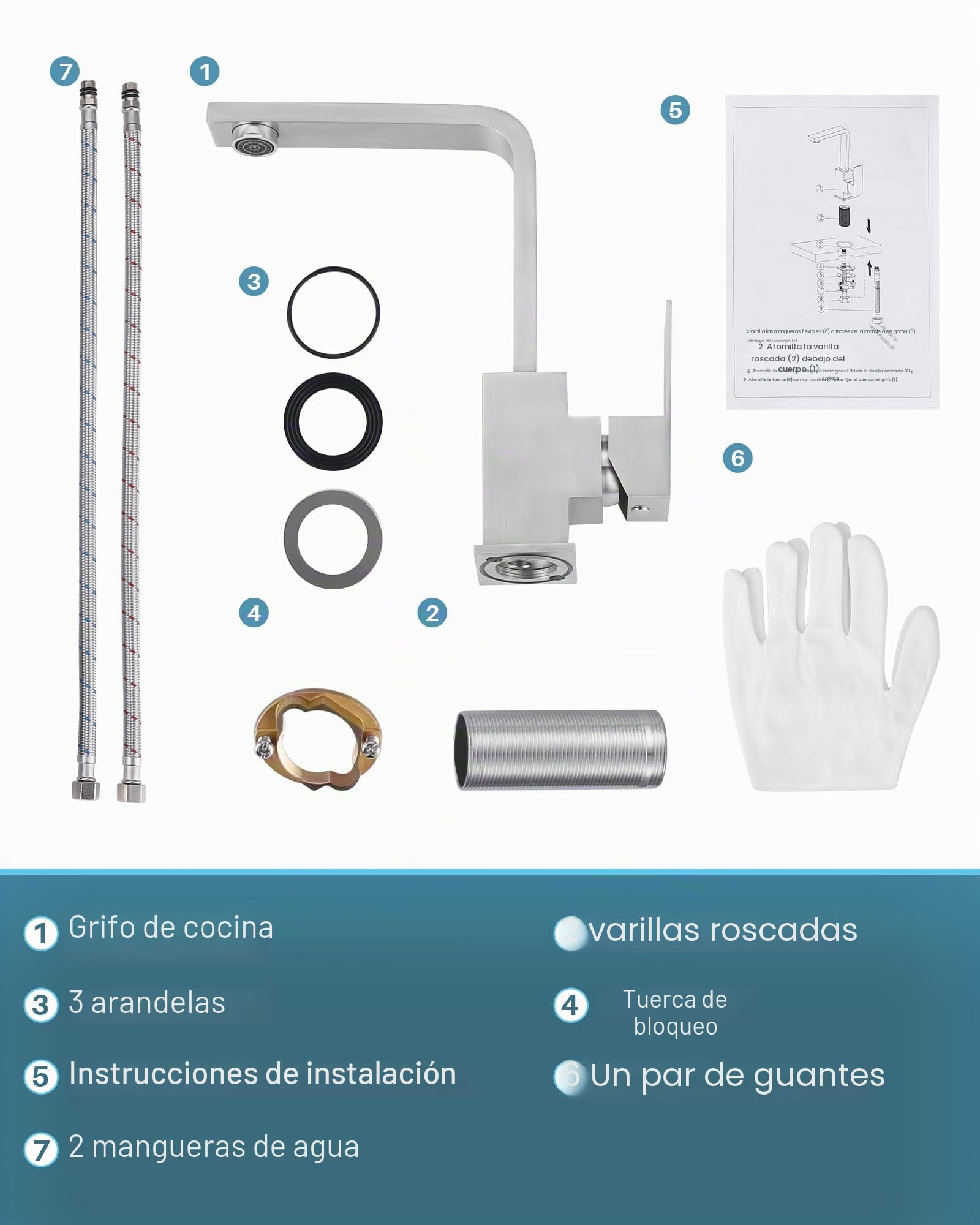Grifo de cocina de alta presión, acero inoxidable, giratorio 360°, monomando para fregadero