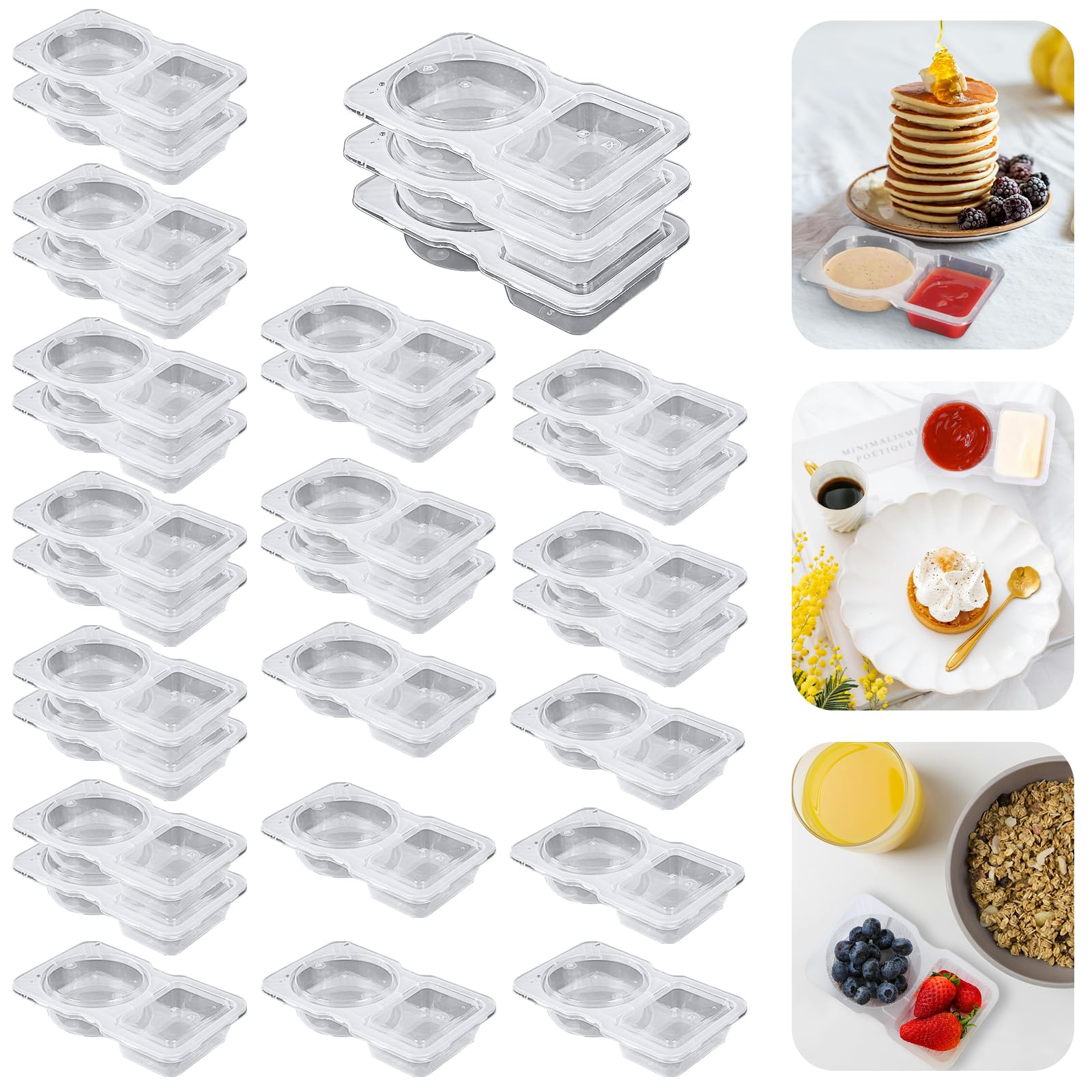 COMFUGOG 30pcs Double Compartment Condiment Container with Lids, Mini Plastic Snack Containers,BPA Free,Microwave Safe,Leakproof Food Storage, To Go Food Containers,Take Out Sauce Container