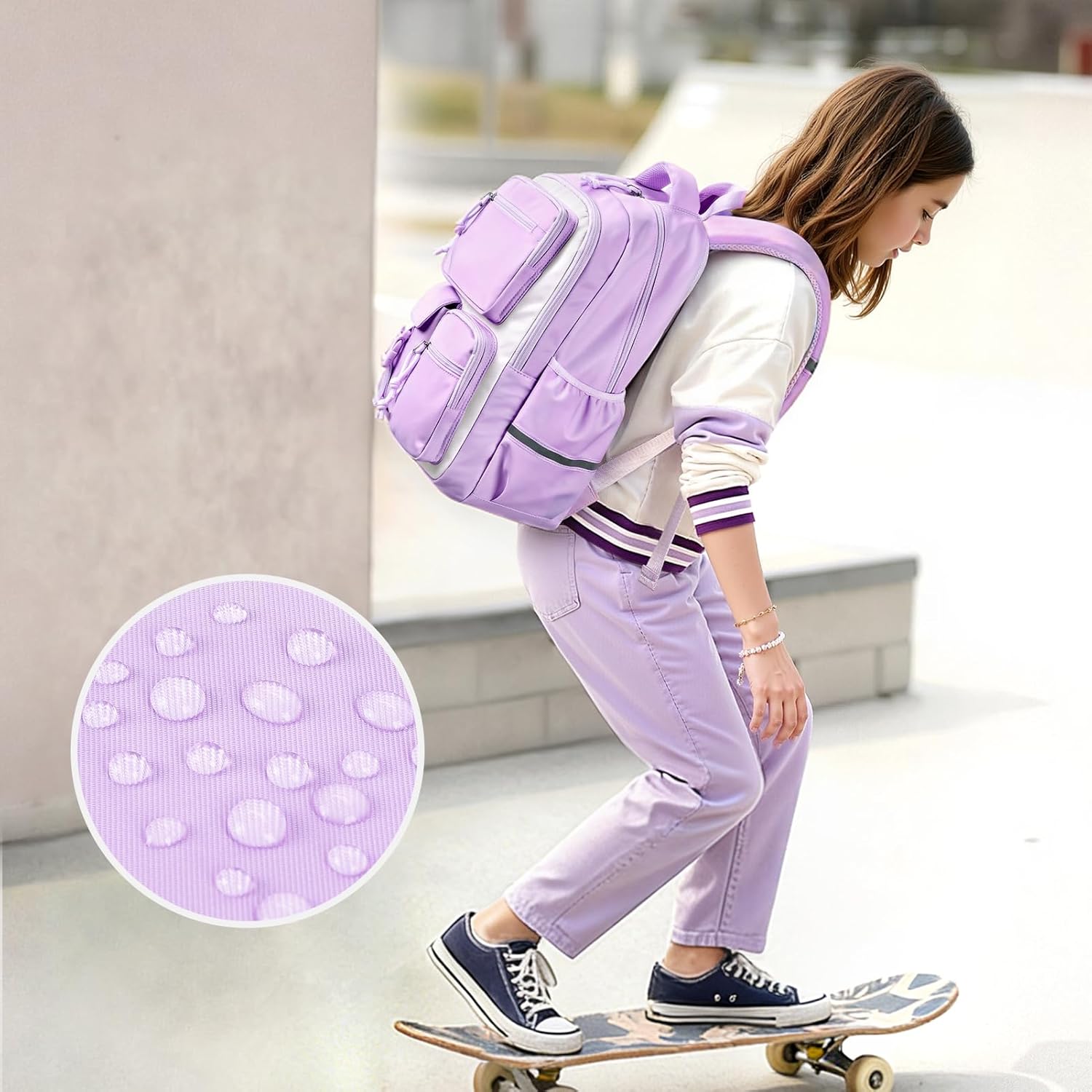 mibasies School Backpack for Teen Girls: 17.9 IN Backpack for Women with Laptop Compartment for Middle High Elementary School College Travel- Kids Bookbag Light Purple Beige - Image 9