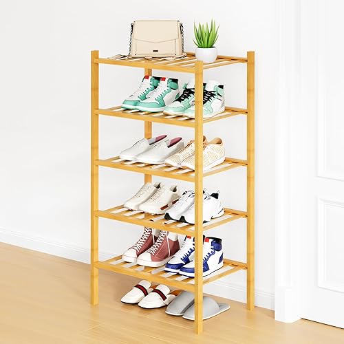 Miniatura 31 de Smiry Estante para zapatos, organizador de zapatos de bambú de 2 niveles, estante de almacenamiento de zapatos de madera apilable independiente para
