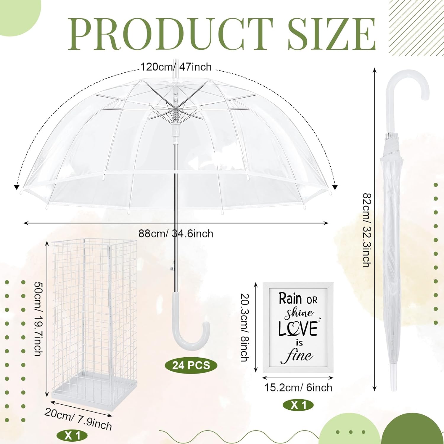 24 PCS Wedding Clear Umbrellas Bulk 47 Inch Transparent Windproof Dome Stick Umbrella Rain Bubble Umbrellas Iron Storage Basket Photo Frame for Graduation Prom Bridal Party Outdoor Events Supplies