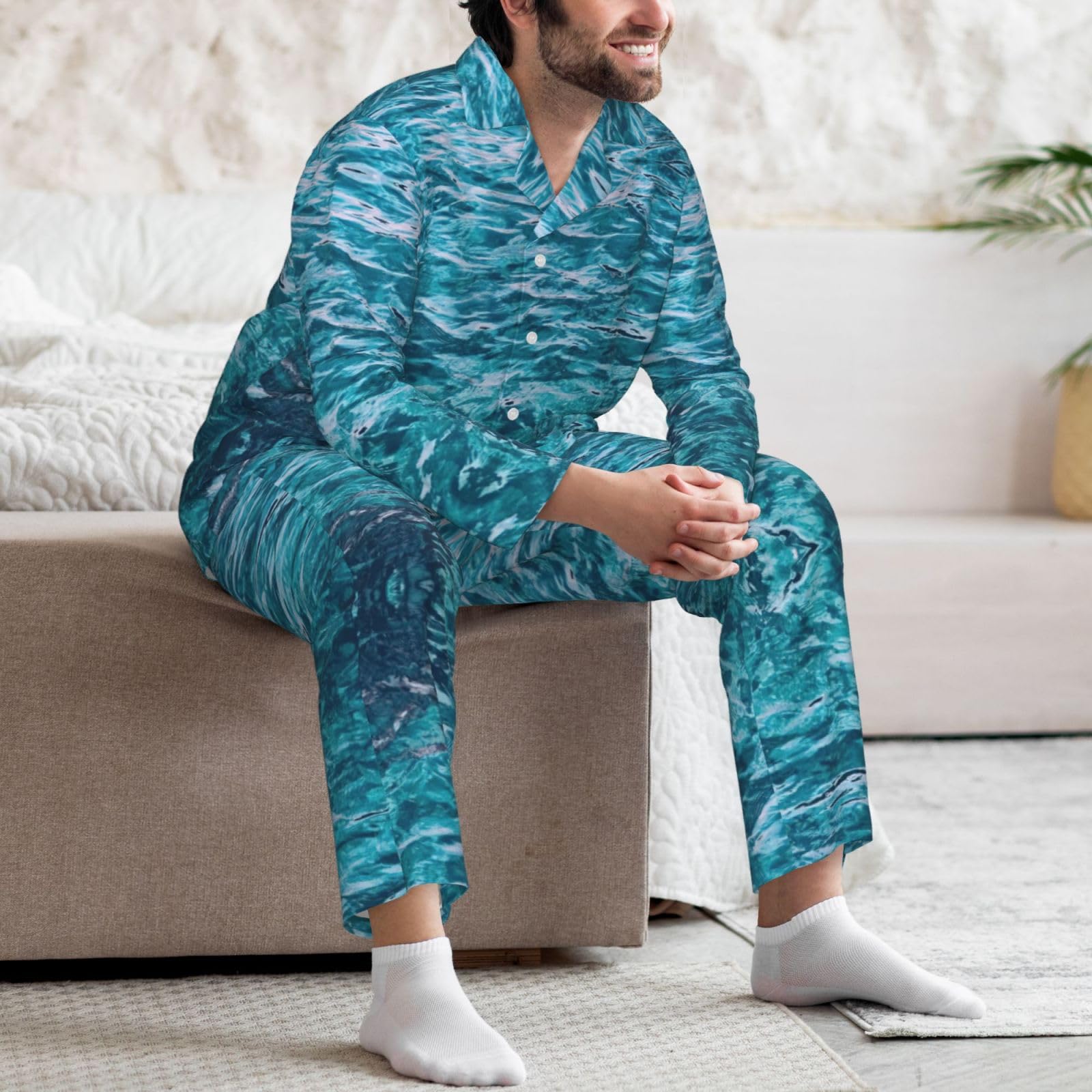 Conjunto de pijama para hombre con estampado de superficie marina, pijama suave de manga larga con botones y bolsillos