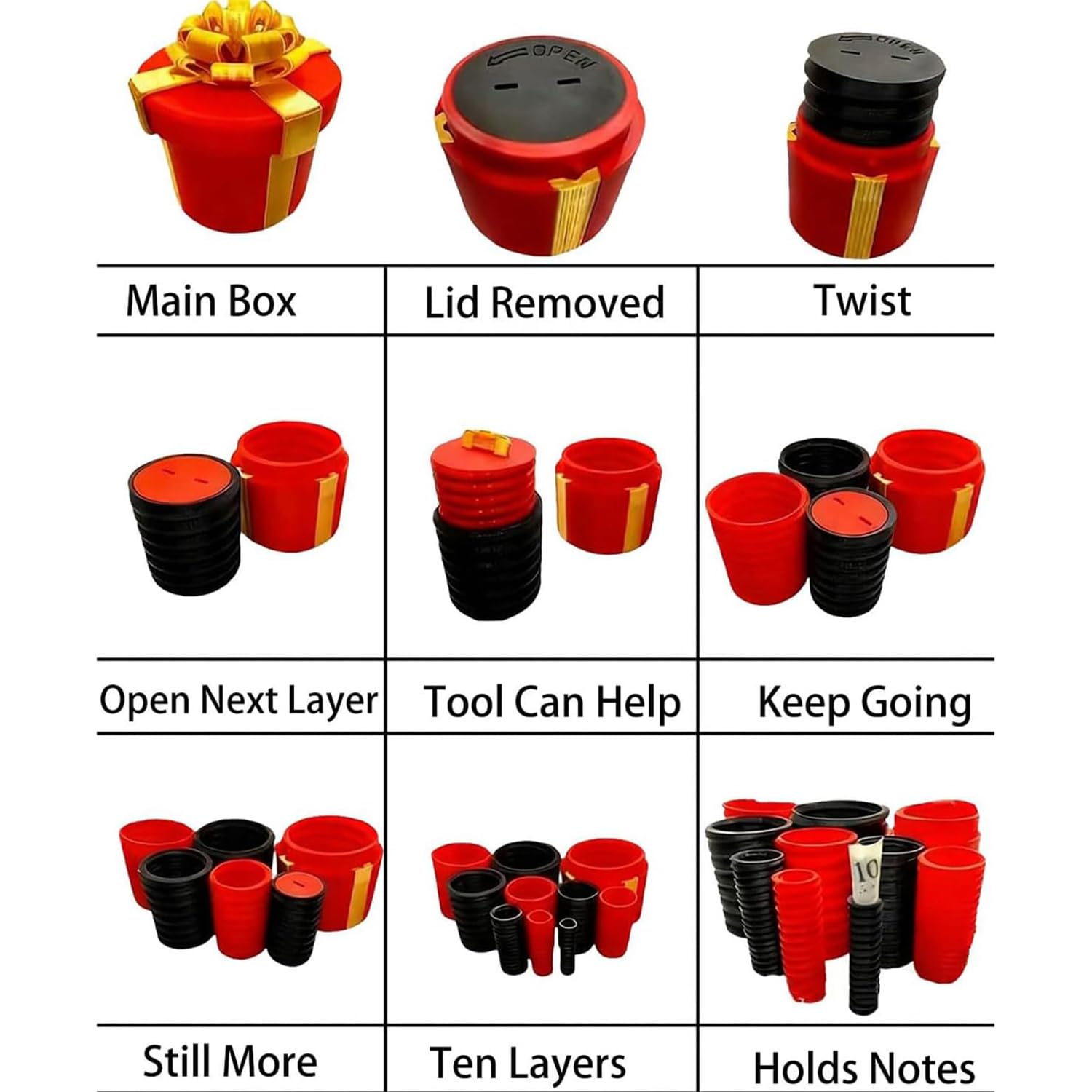 Annoying Nested Screw Gift Box, Annoying Gift Box, 10 Layer Reusable Prank Gifts Boxes for Cash and Small Surprises,Funny Money Puzzle Boxs for Birthday Christmas White Elephant Party (Red Gold)