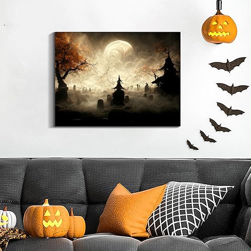 Miniatura 124 de Denozer Lienzo decorativo para pared de Halloween, castillo de terror de 32 x 24 pulgadas, decoración de pared de luna, decoración de otoño de Obra