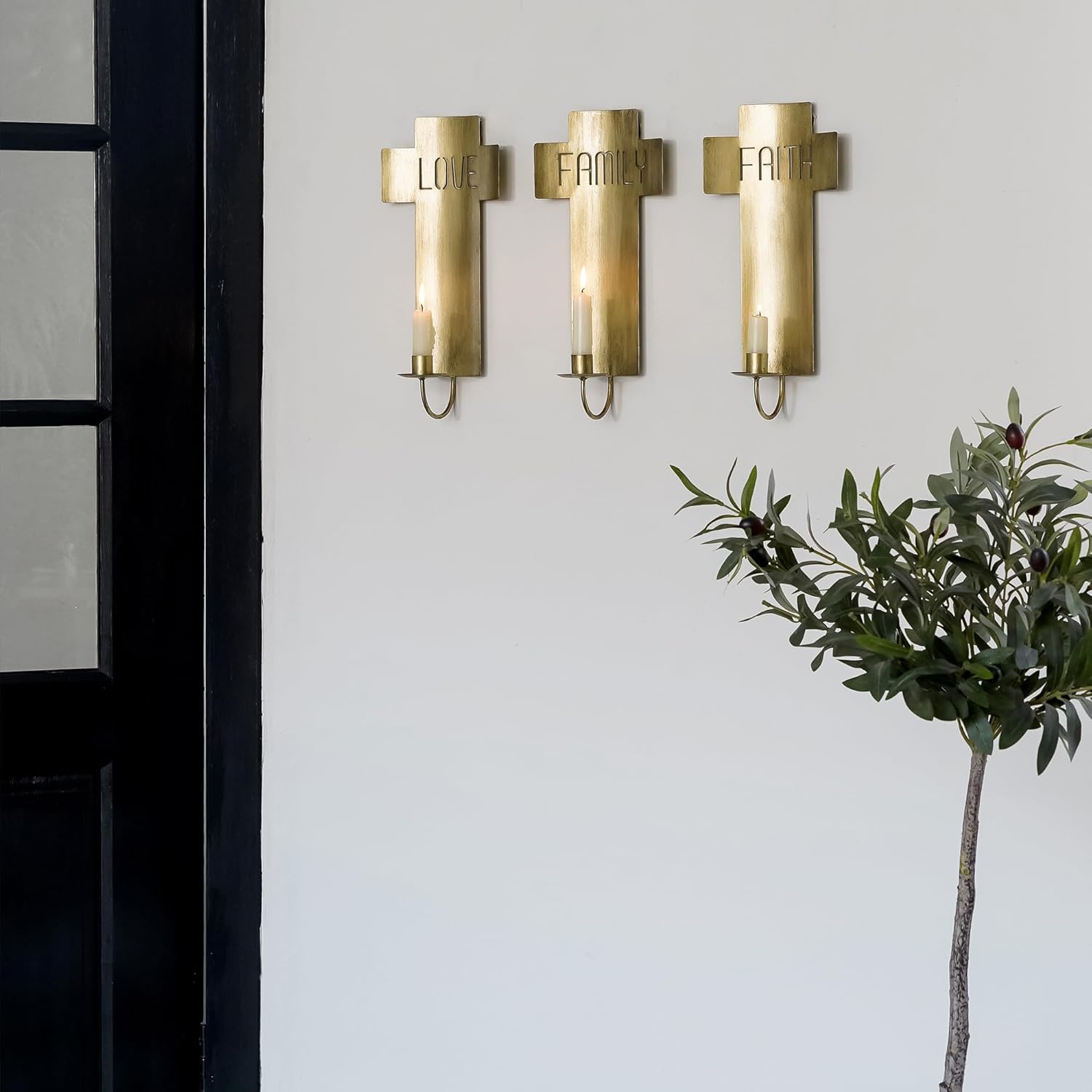 SOFFEE DESIGN Set of 3 Vintage Cross Wall Sconces with Love Family Faith Cutouts, Antique Gold Finish Candle Holders for Rustic Farmhouse Chapel Decor