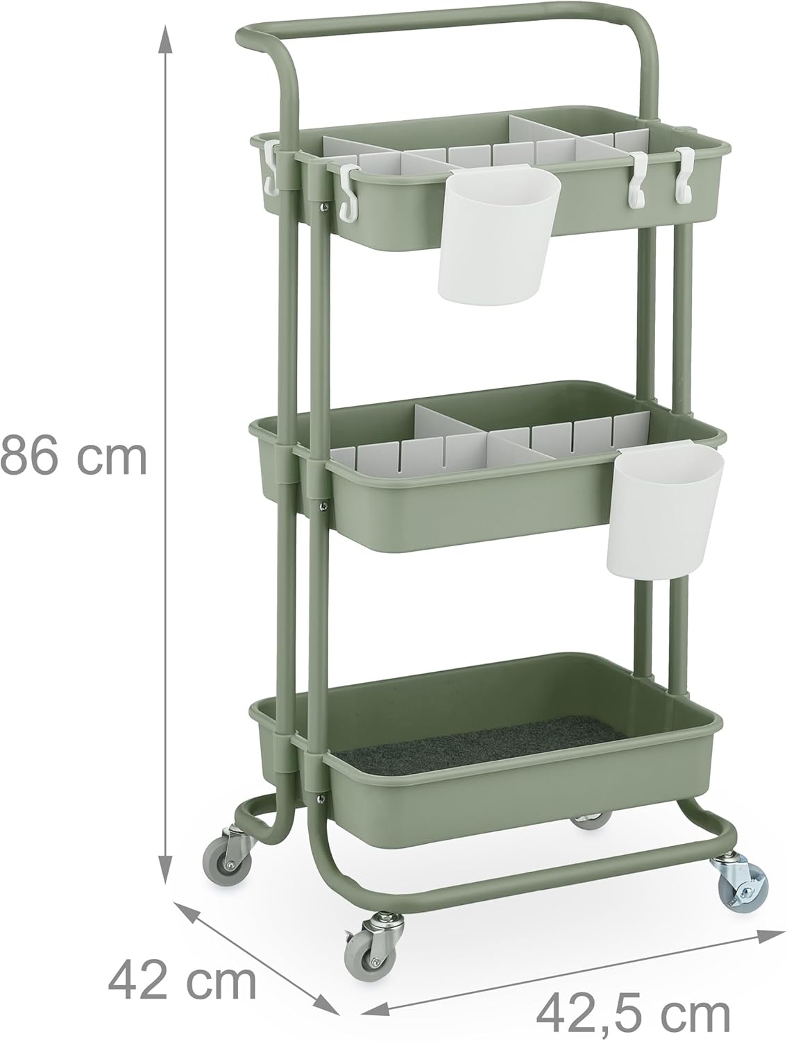 Relaxdays Storage Trolley, 3 Shelves, Cart for Kitchen, Bathroom & Office, Rolling Shelf, HWD: 86 x 42.5 x 36 cm, Green, Steel