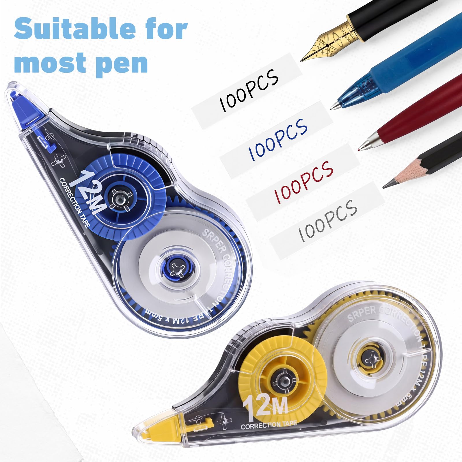 AmazingSpark 100 cintas correctoras blancas a granel, 39.4 pies, resistente al desgarro, aplicador fácil de usar para correcciones instantáneas para notas de oficina escolar, ancho de cinta de 0.2