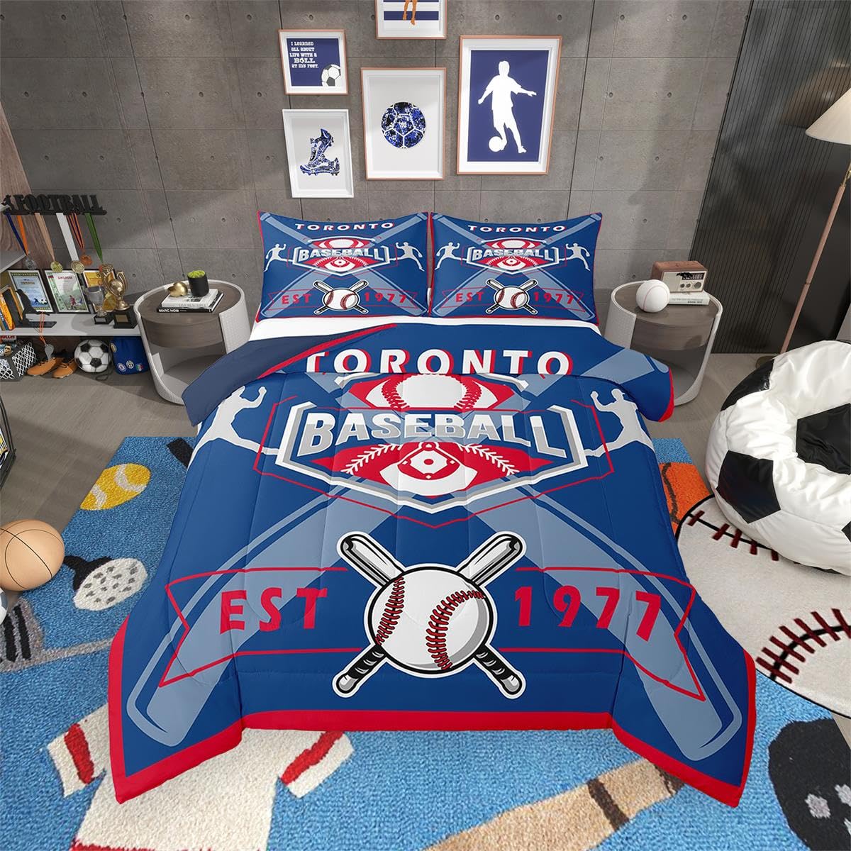 Erosebridal Sports Bedding Twin,Baseball Players Comforter for Kids Boys Girls,Baseball Lovers Quilt Inner Fill,Baseball City Down Comforter with 1 Pillowcase,Blue Red,Toronto