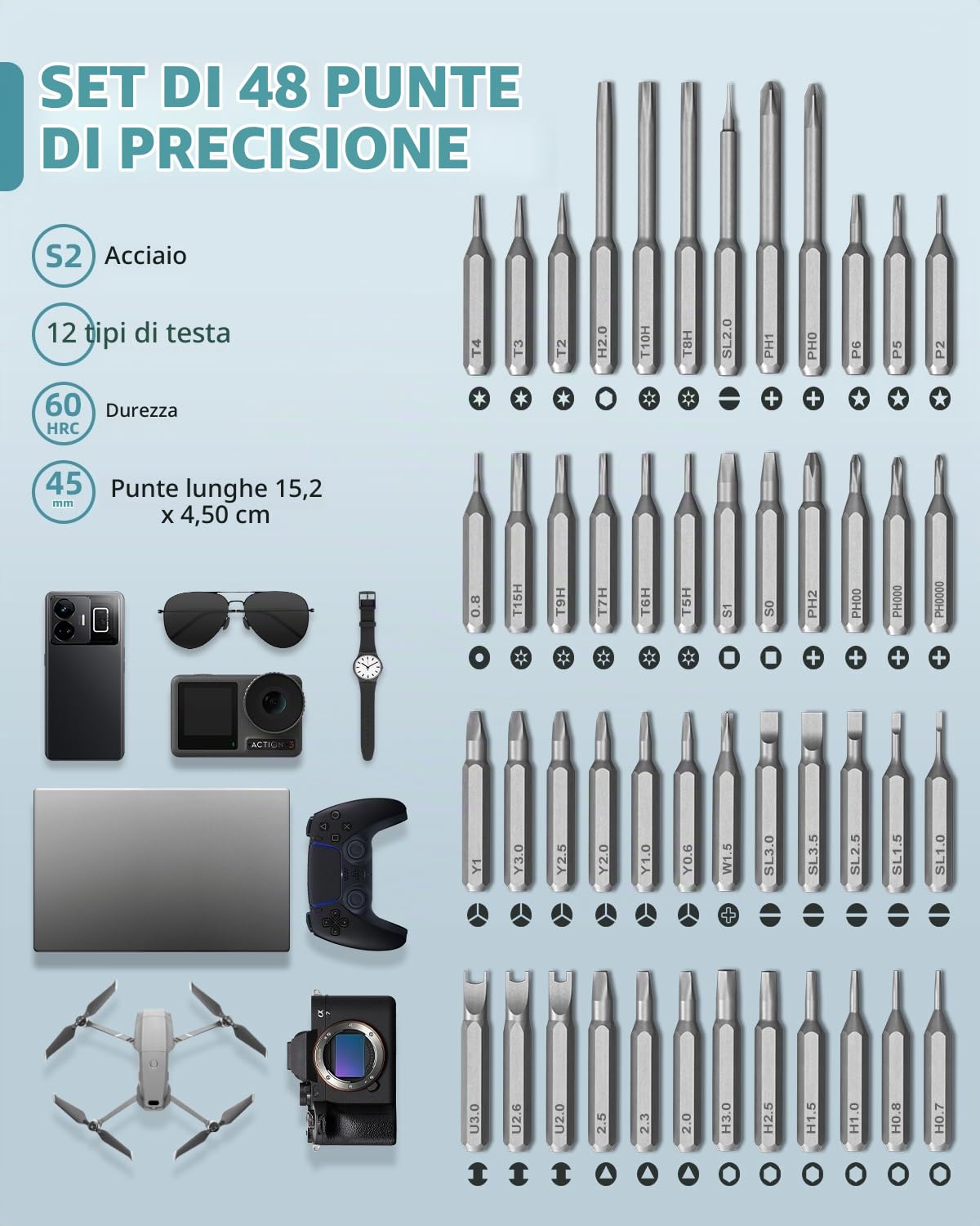 Mini cacciavite elettrico con display, set di cacciaviti di precisione con 5 impostazioni di coppia, 48 punte magnetiche, luce LED, kit cacciaviti senza fili per telefono, fotocamera, laptop, orologio