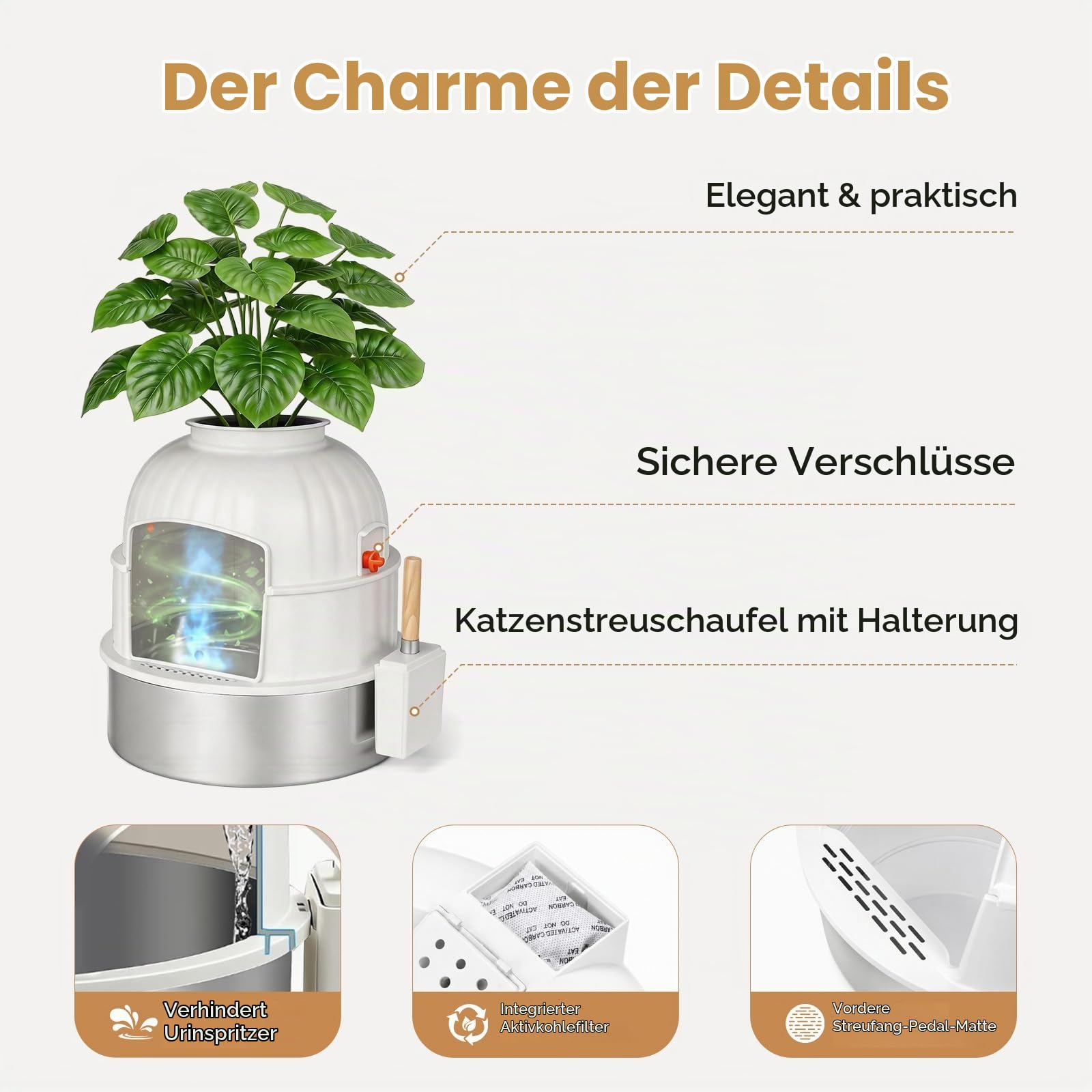 Katzenklo Edelstahl mit Pflanze & Schaufel, Versteckte Katzentoilette XXL Katzenklo Blumentopf mit Kohlefilter, Geruchsresistent & Leicht zu Reinigen, Cremeweiß