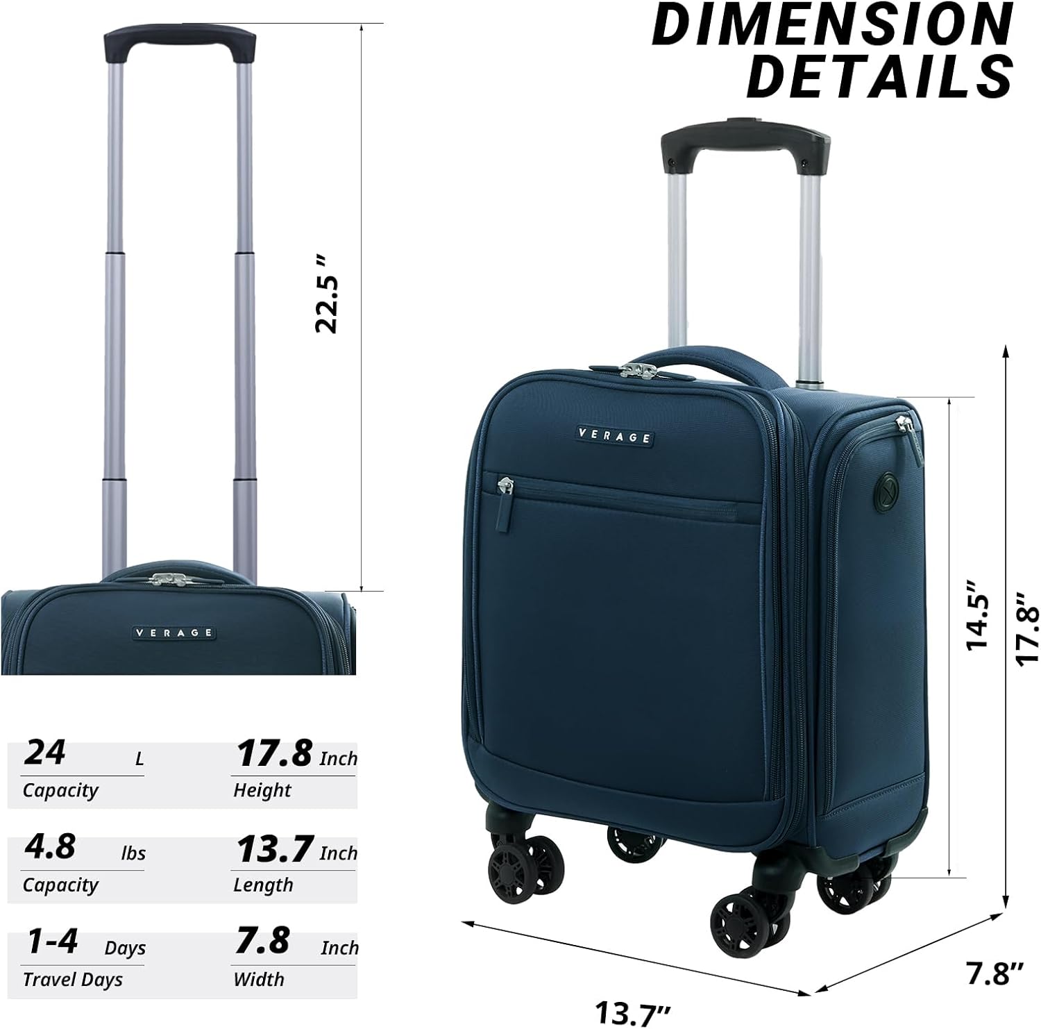 Verage Underseat Carry On Luggage with Wheels, 14.5-Inch Spinner Small Suitcase, Softside Lightweight Travel Bag for Men and Women, Airplane Carry On Bag, Nautical Blue - Image 7