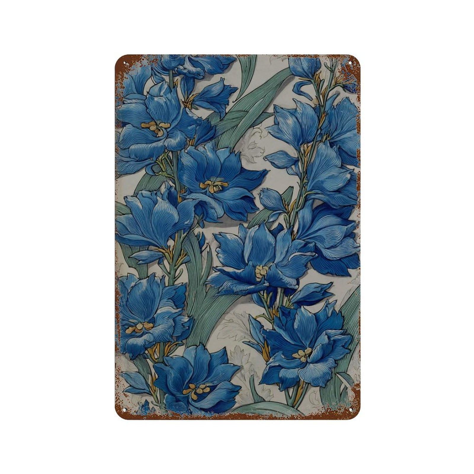 xiaoxiaoshen Blue Floral Bold Botanical Nouveau Flower Iris Modern Style Wall Decor Art Metal Tin Poster Modern Home Decor Art Home Bar Shop Decorations Vintage Sign 30x20cm