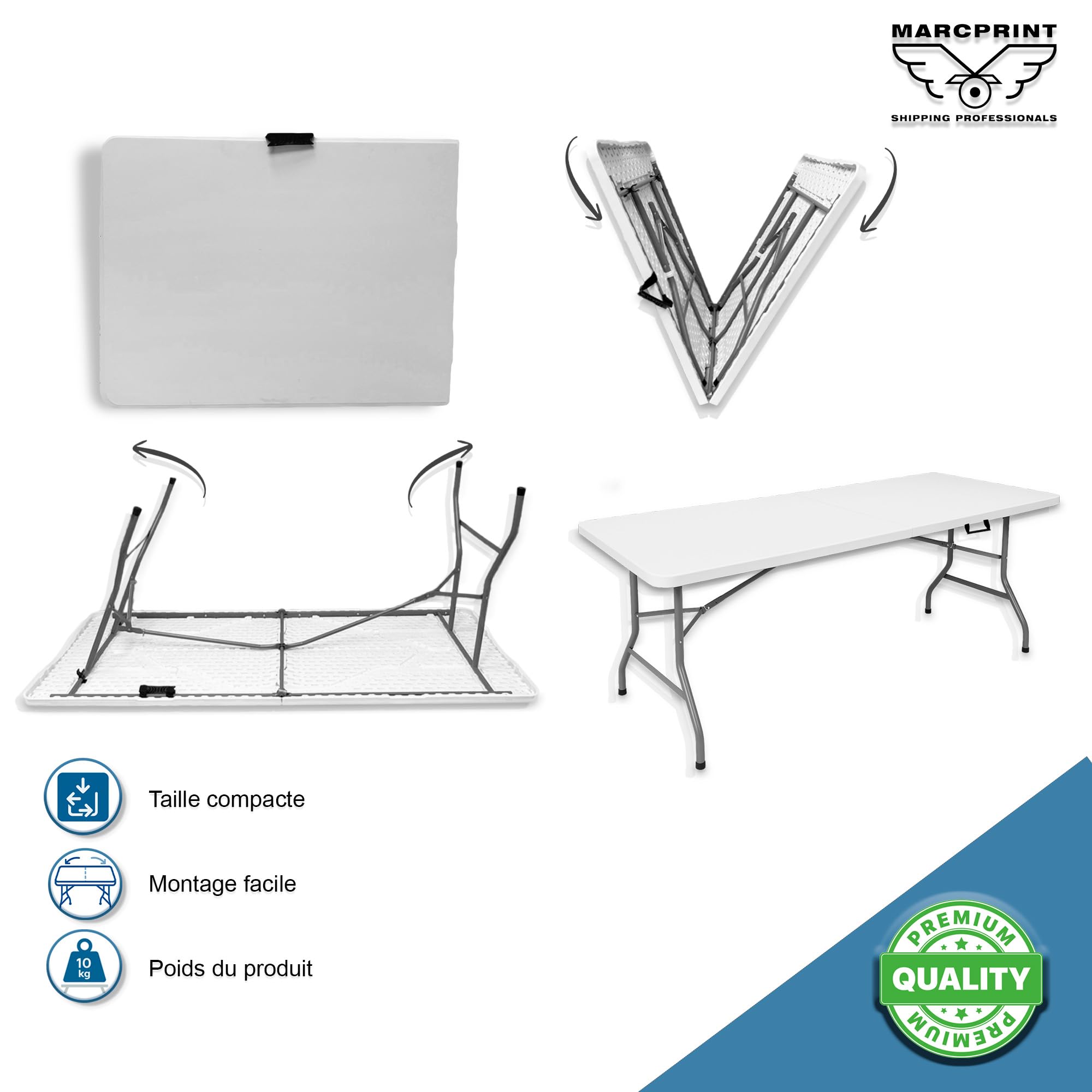 Table Pliante, 8 Places 180 x 74 x 70 cm,175 kg Max - Table Pliante Exterieur, Interieur Rectangulaire - Table de Jardin Pliante Blanche, Buffet, Fêtes, Camping - Stable et Robuste