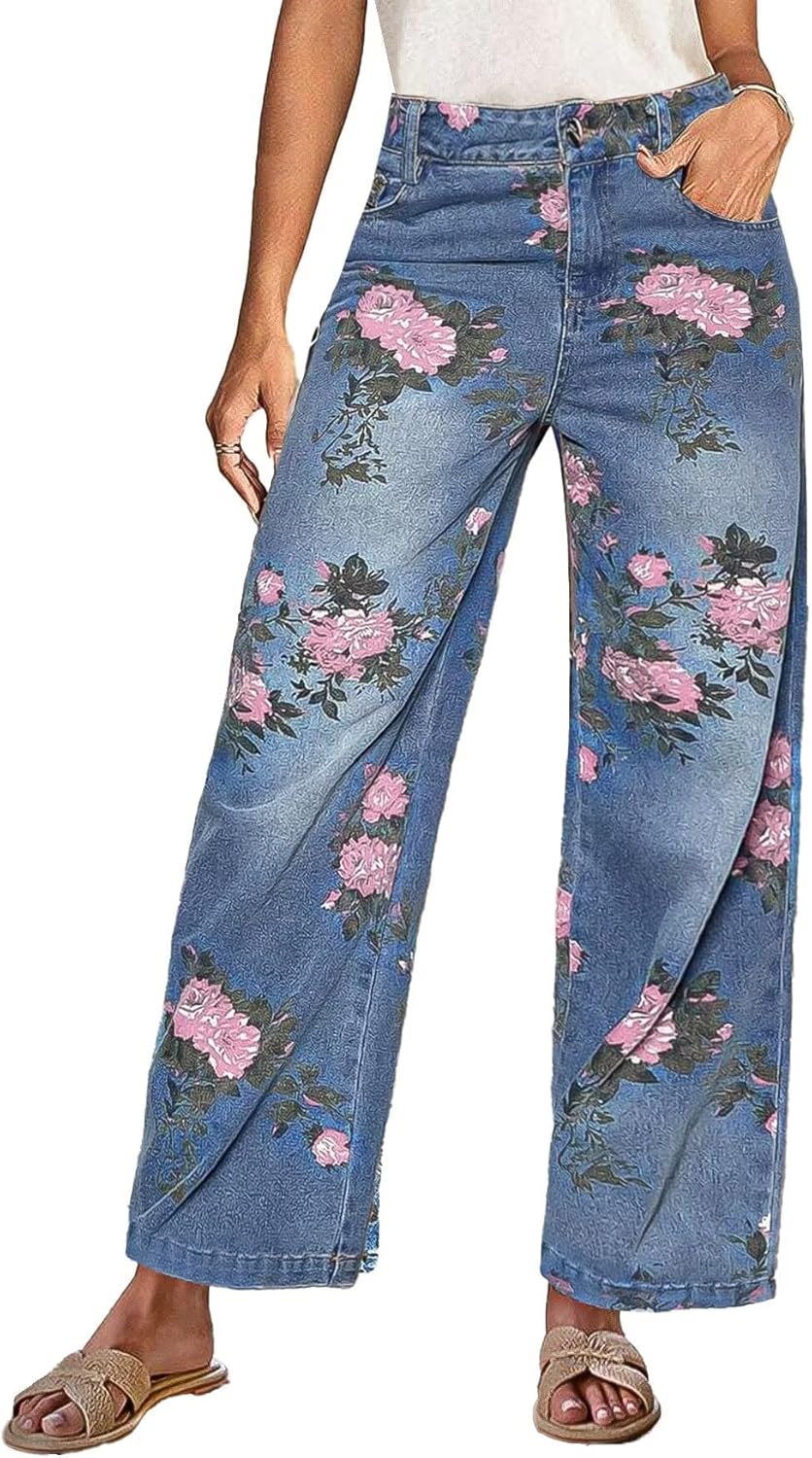 Flamingals High-Rise Vintage Floral Straight Leg Pants for Women Summer Casual Denim Pants