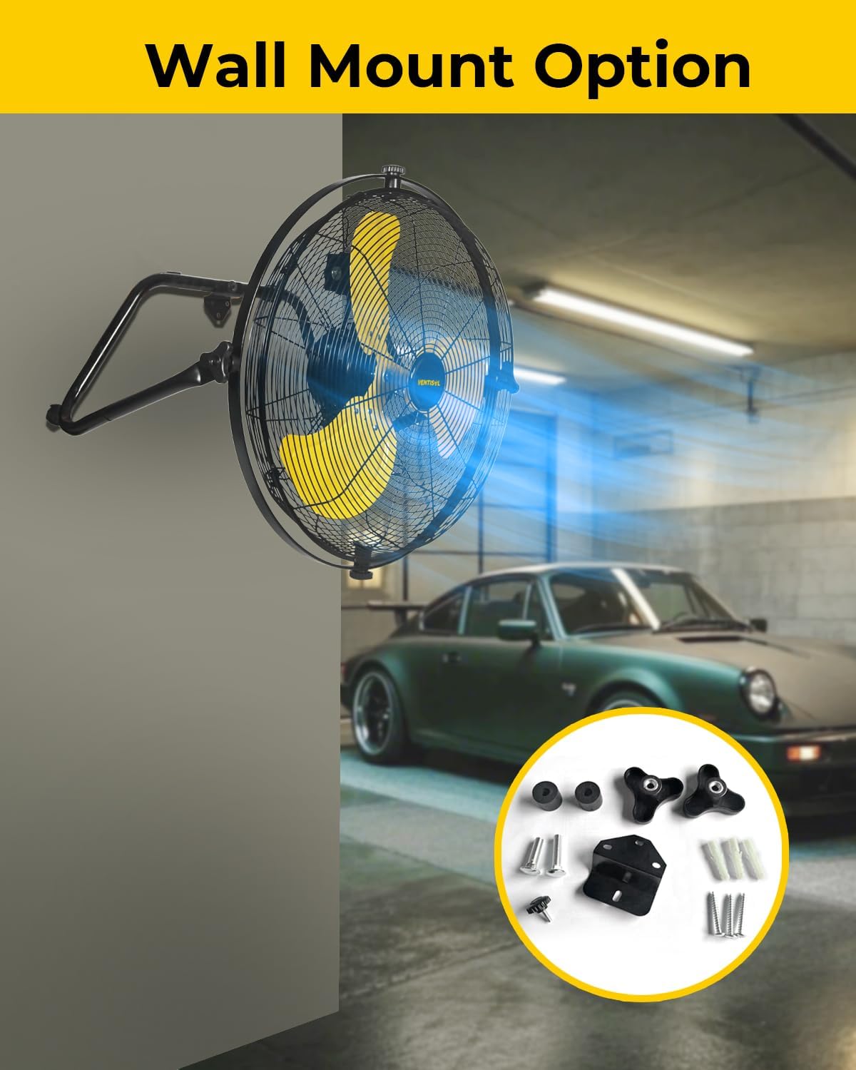 VENTISOL 20-inch fan mounted on a wall in a garage setting.