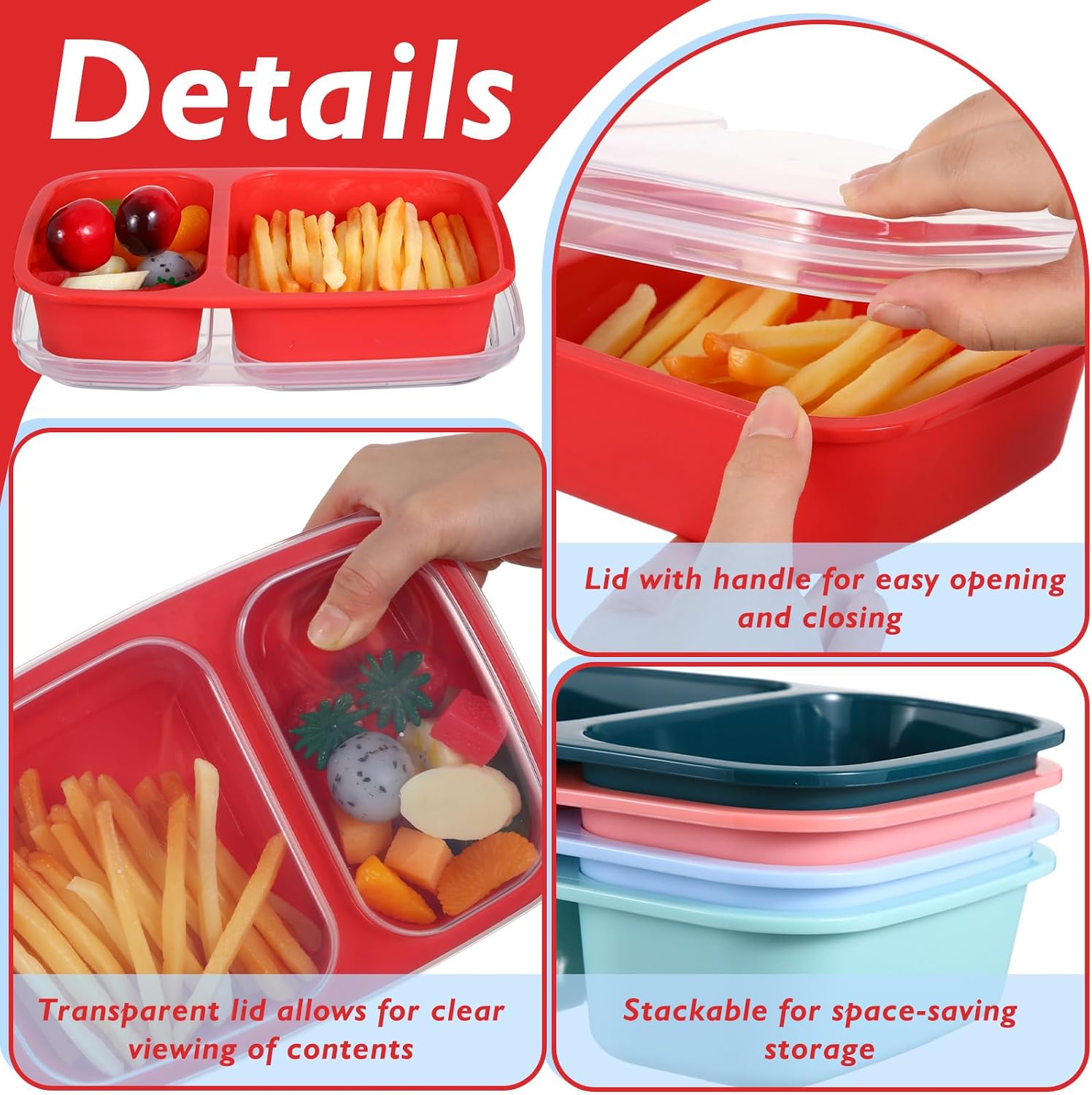 Honeydak 5 Pack Lunchable Snack Containers 2 Compartment Divided Bento Snack Boxes Reusable Meal Prep Containers with Lids Lunch Food Storage Box for School Work Travel(Melon Color) image 3