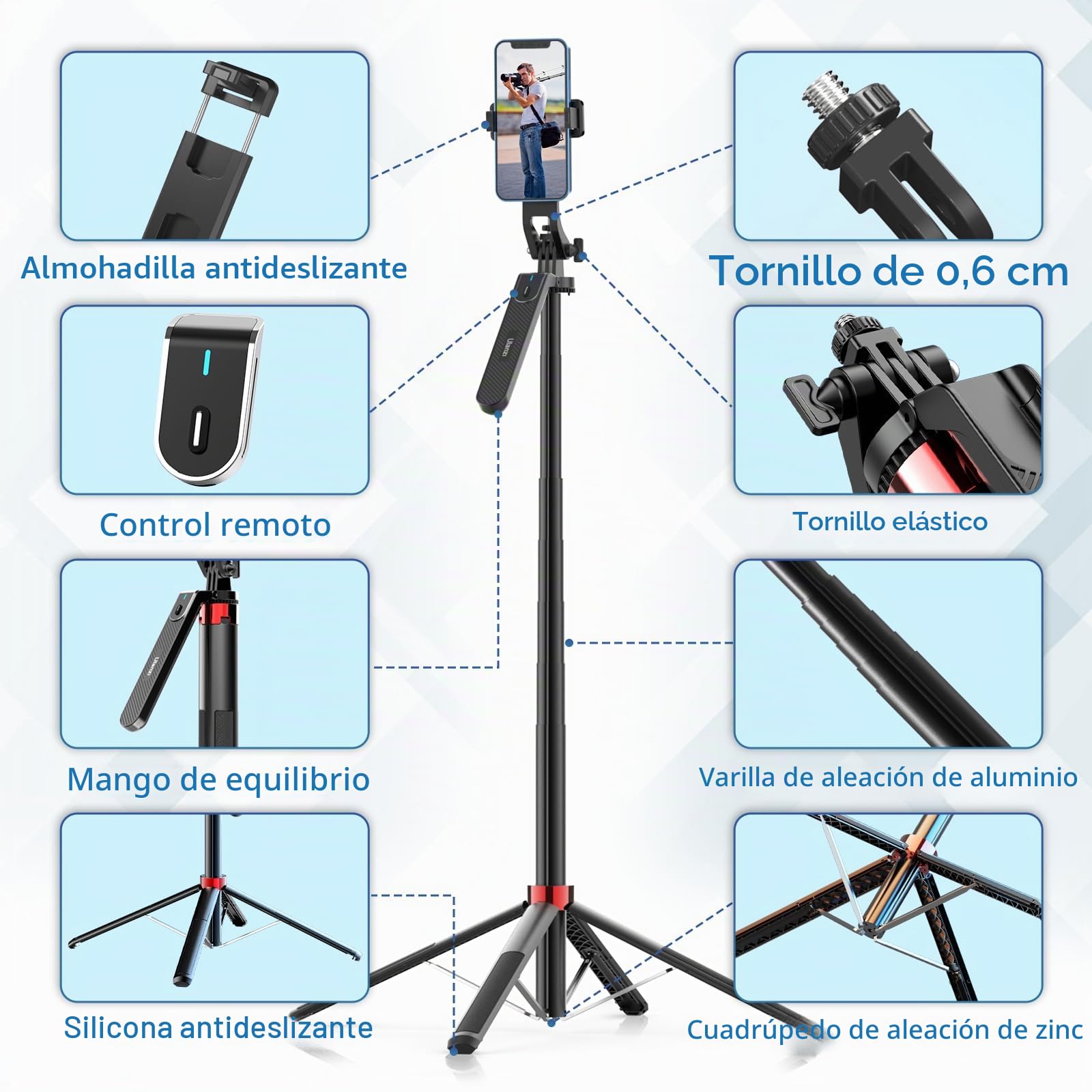 180CM Tripode para Movil, Ulanzi Selfie Stick Quad Trípode con Control Remoto, 360 ° de rotación de Aluminio Extensible Trípode del teléfono móvil de pie, Compatible, iPhone, Samsung, Xiaomi