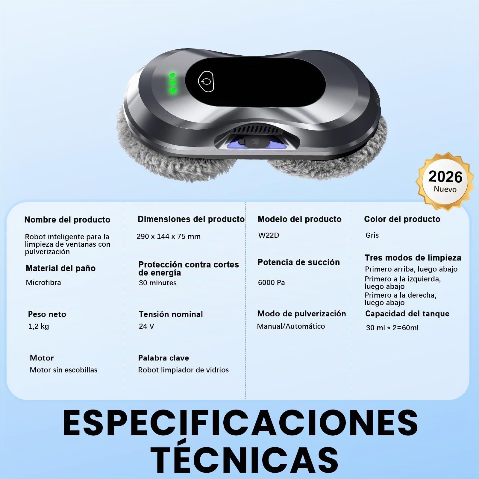 Keero Robot Limpiacristales, Lavado de Ventanas con Doble Boquilla y Potencia de Succión de 6000 Pa 2026 Mejorado, 3 Modos de Limpieza, Tanque de Agua 60ml, Limpia Cristales Electrico Ventanas