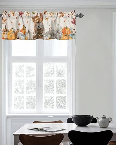 Miniatura 7 de Autumn Farm - Cenefas de gato para cocina, cafetería, cenefa de ventana de gatito de Acción de Gracias, 1 panel de cortinas cortas de 42 x 18