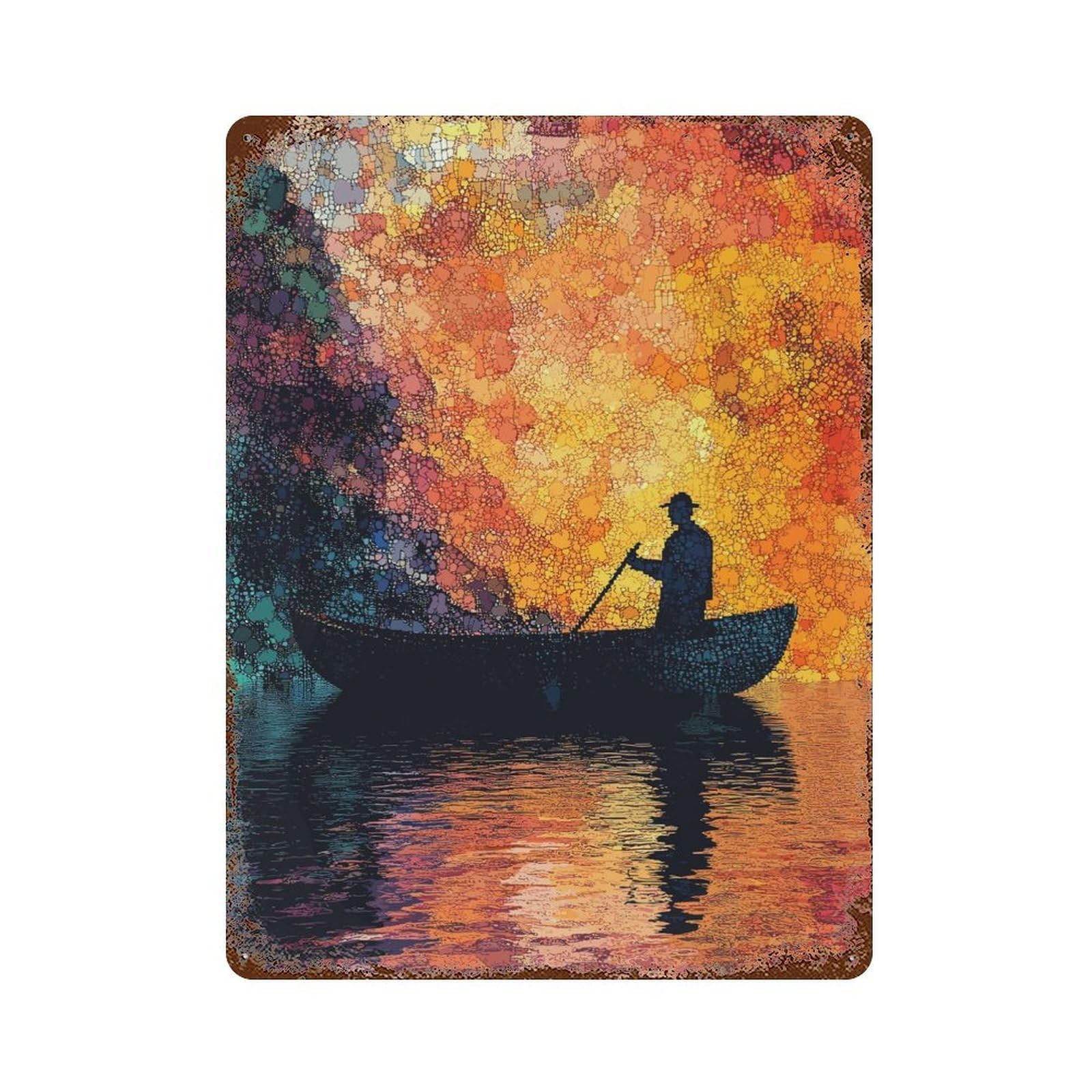 Distressed Metal Wall Sign with Silhouette Rowing at Sunset Design 15.7"x11.8", for Cafe, Home Bar And Lounge Decor, Retro Wall Decor