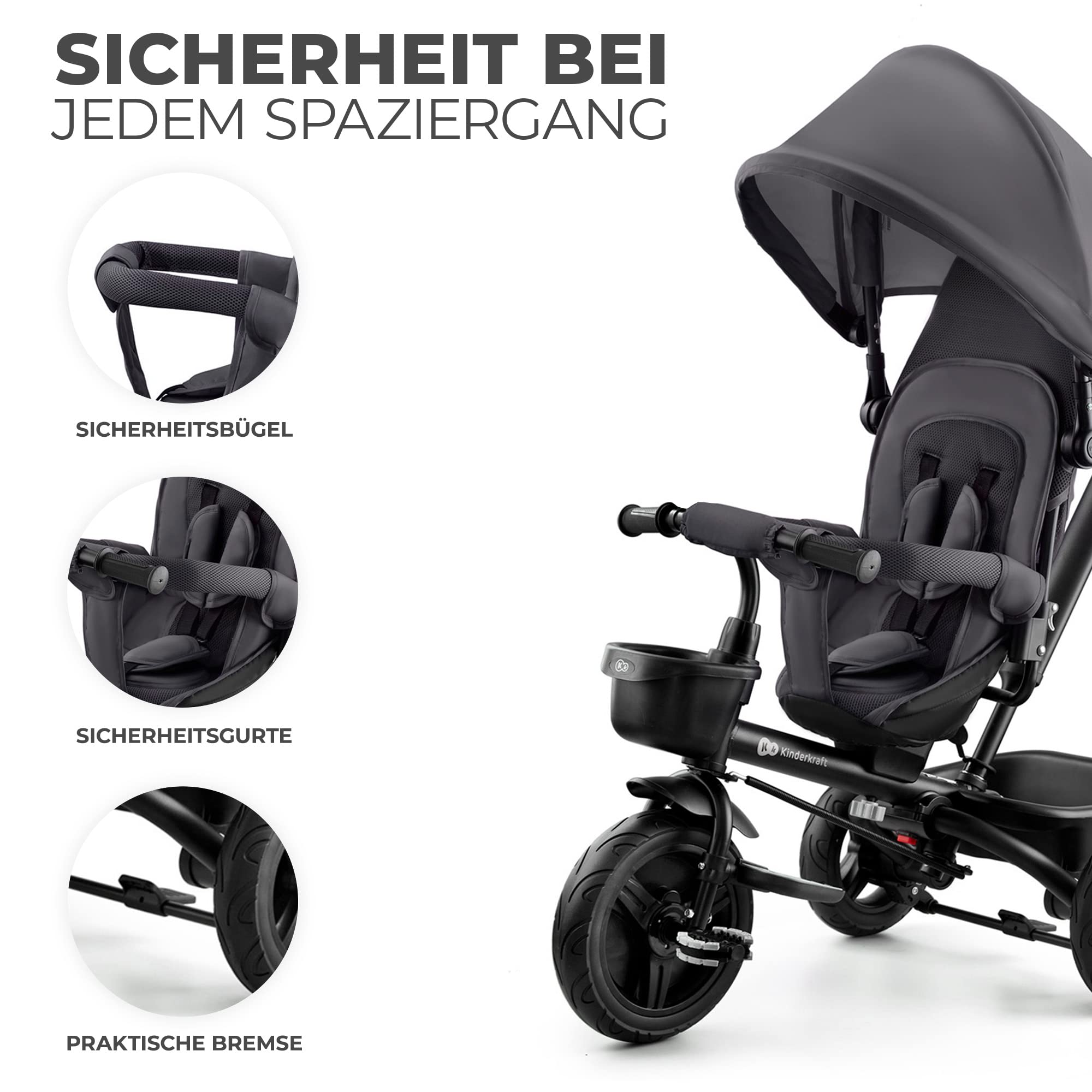 Kinderkraft Aveo Dreirad ab 9 Monaten bis 25 kg, Kinderdreirad mit Schubstange, kompakt zusammenklappbar, drehbarer Sitz, ausklappbares Verdeck mit Sonnenschutz, inkl. Getränkehalter und Korb, Grau