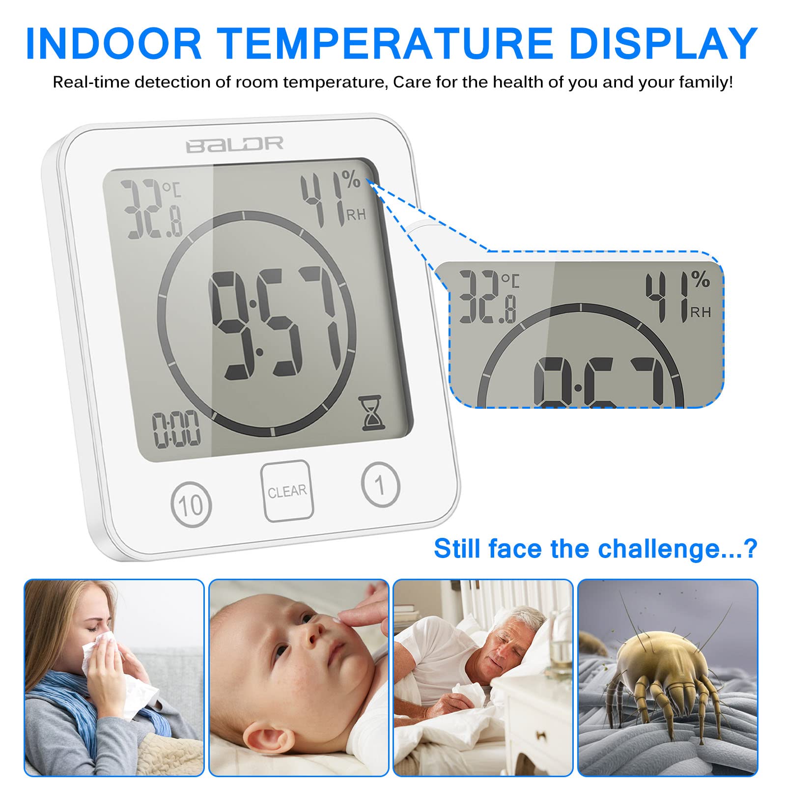 ONEVER Orologio da Bagno,Lgrometro Termometro Digitale,Monitor Umidità da Interno,Stazione Meteo con Espressione Facciale per Stanza da Bambino LCD Touch Control Timer Allarme per Cucina Bagno