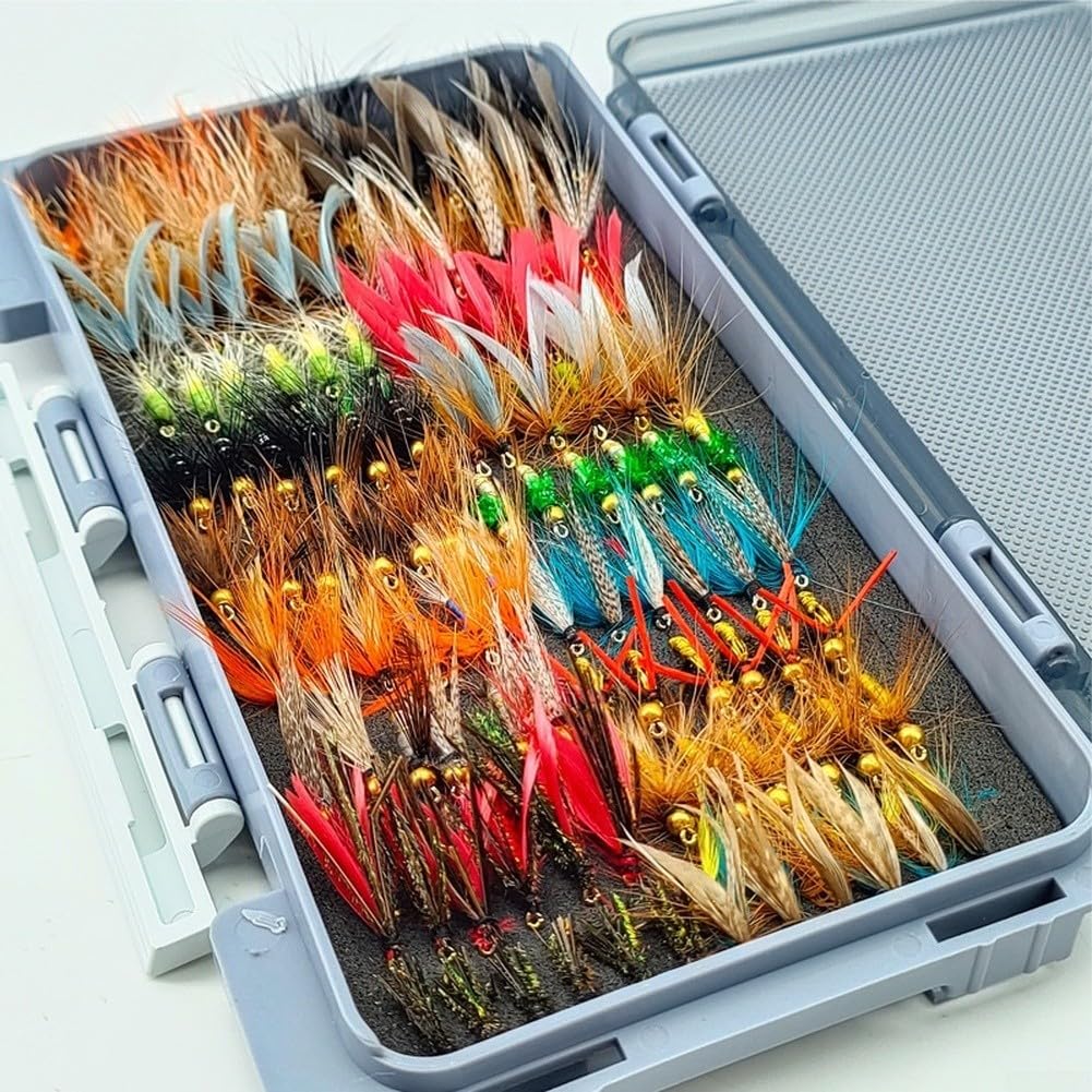Kit Mosche Pesca 120pz Dry Wet Nymph per Trota(120) | 120 misti, dry wet nymph, scatola magnetica, uncini affilati, trota bass fiume