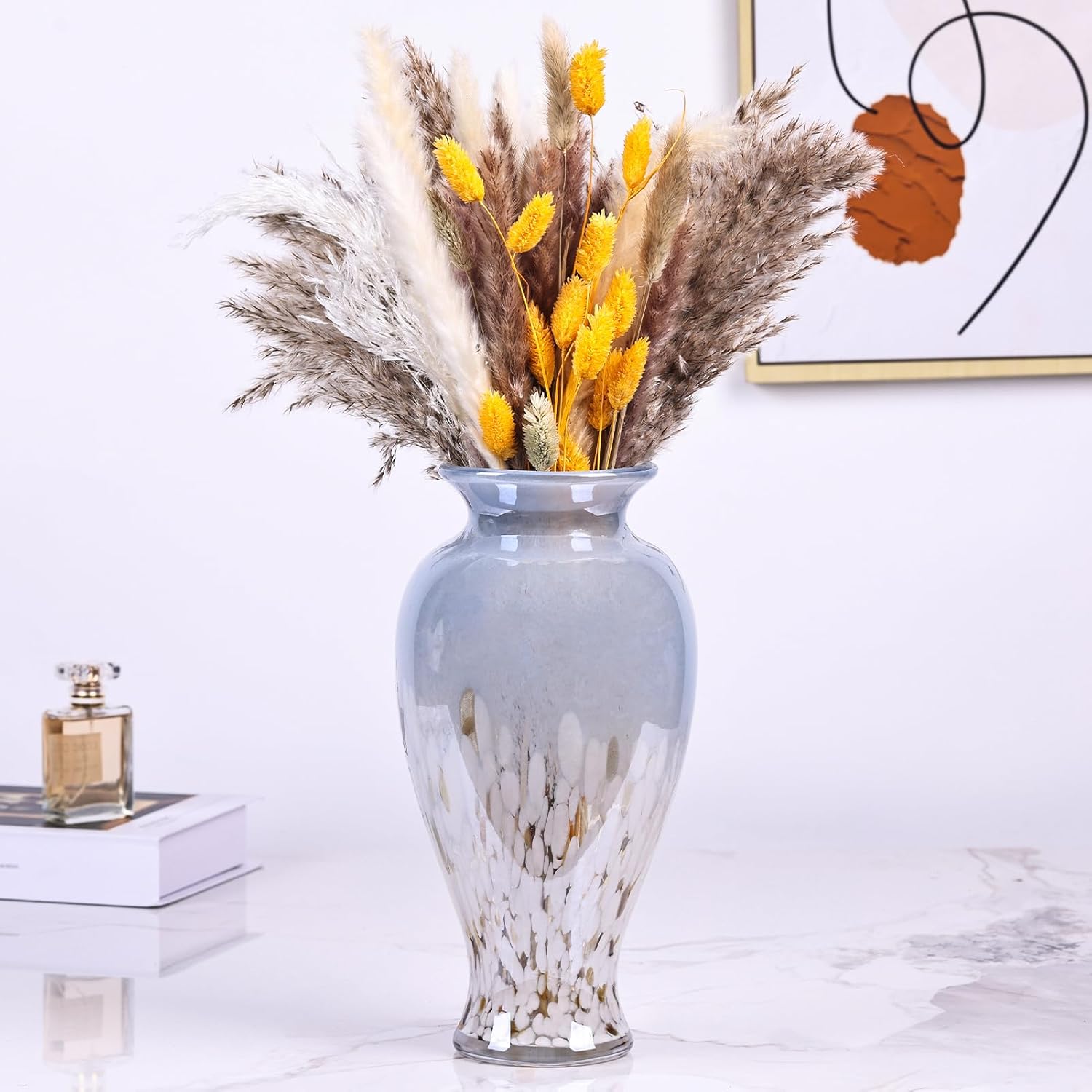 11.8 Tall Blown Blue Glass Vase, Colorful Opaque Glass Vase, Unique Design Wide Mouth Art Decoration for Home, Living Room, Dining Table, Pampas Grass Decor (Blue White)