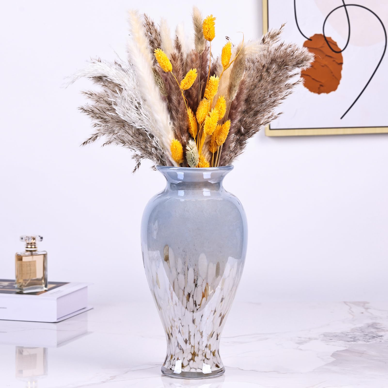 30 cm Vaso in Vetro Soffiato Blu Chiaro e Bianco, Vaso Colorato a Bocca Larga, Vaso Artistico per Casa, Soggiorno, Tavolo, Erba della Pampas (Blu E Bianco)