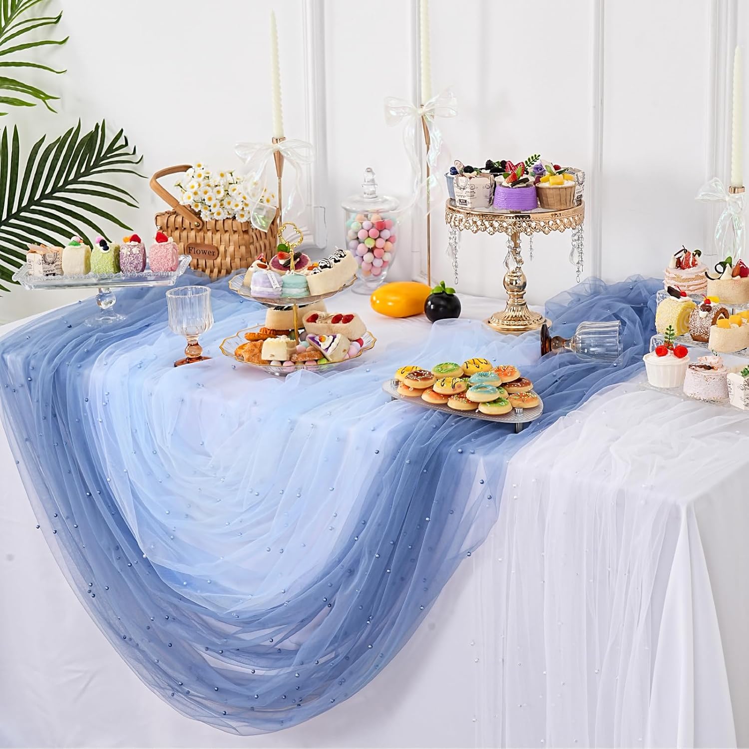 White Pearl Table Runner Tulle: 10ft Pearl Kitchen Linen 29x120 Inch Sheer Gauze Fabric for Wedding Decor Birthday Party Dining Table Cover - Image 4