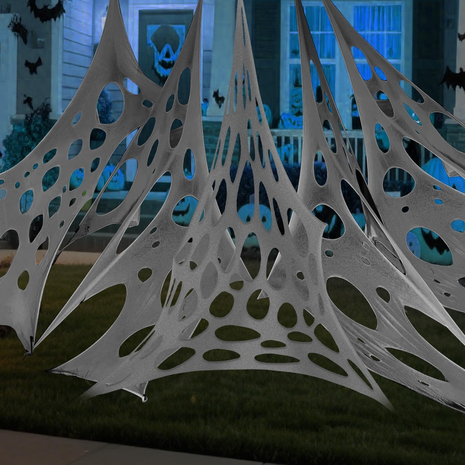 wymulot 1000 Sqft （After Streched with Holes） Grey Uncut Giant Spider Web Halloween Decorations Outdoor with 10 Ground Nails Stretchy Beef Cloth Netting DIY Flexible Elastic for Yard Party Decor