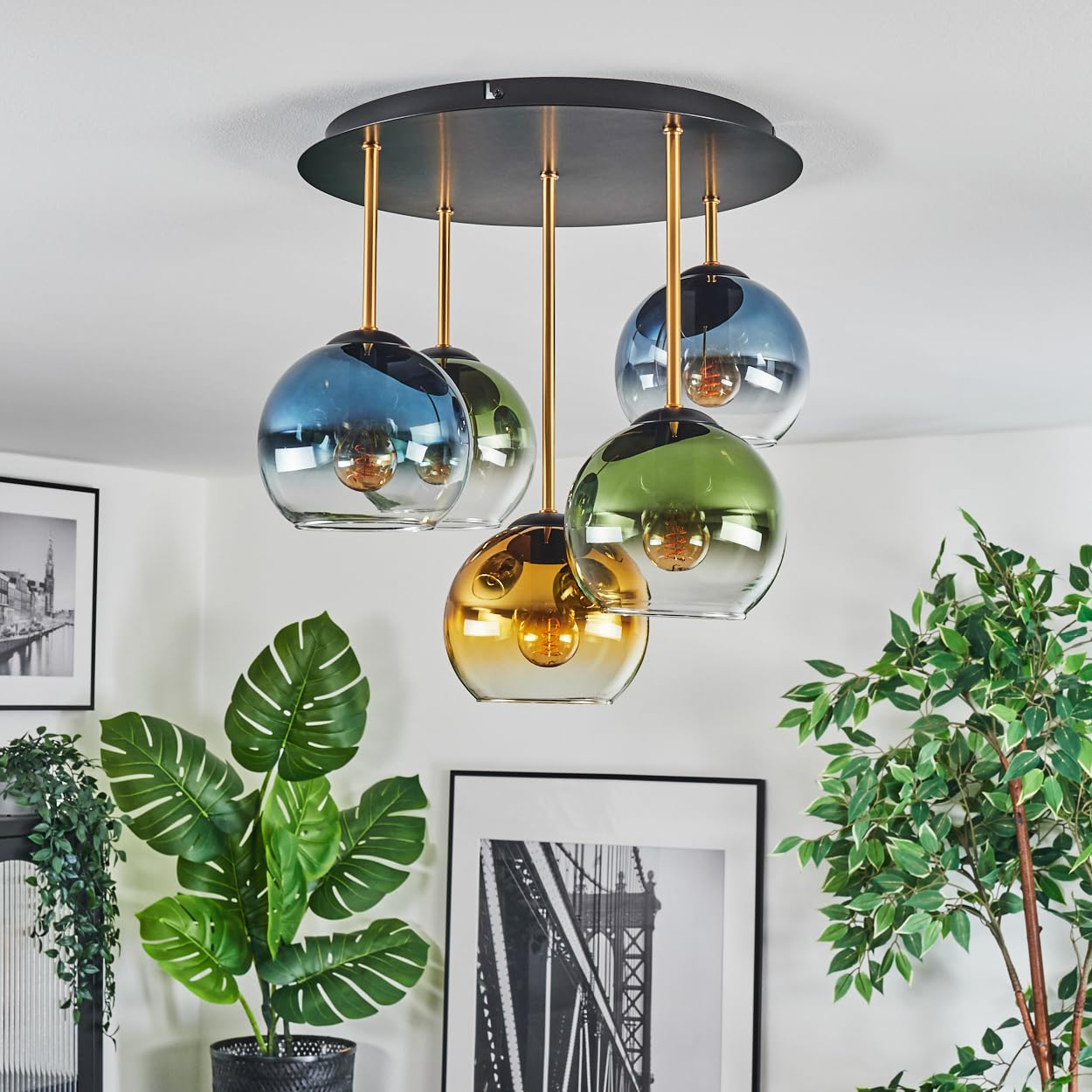 HOFSTEIN Deckenleuchte Koyoto, 5-flammige Deckenlampe aus Metall/Glas in Schwarz/Messing/Blau/Grün/Gold/Klar, Leuchte im Vintage-Design (Schirme Ø 15 cm), E14, Esszimmer, Wohnzimmer, Schlafzimmer