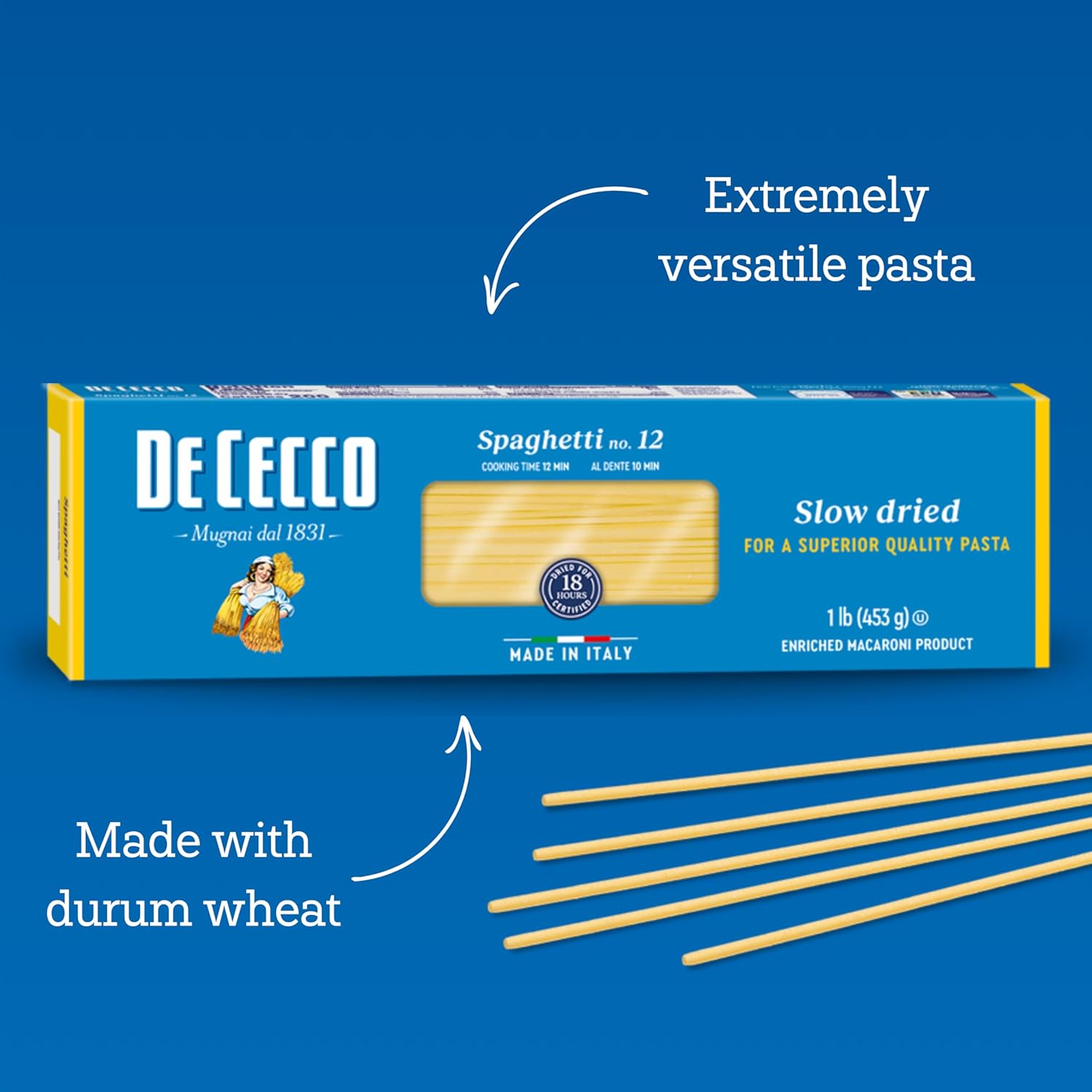 De Cecco Spaghetti No. 12 Pasta, 16 Oz (Pack of 20), Authentic, Slow Dried, Made with Durum Wheat, Versatile Pasta for Sauces & Recipes, Made in Italy