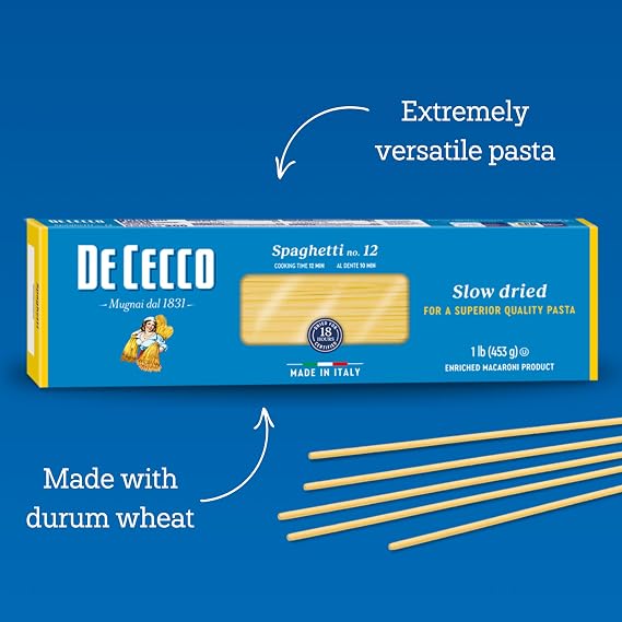 De Cecco Spaghetti No. 12 Pasta, 16 Oz (Pack of 5), Authentic, Slow Dried, Made with Durum Wheat, Versatile Pasta for Sauces & Recipes, Made in Italy