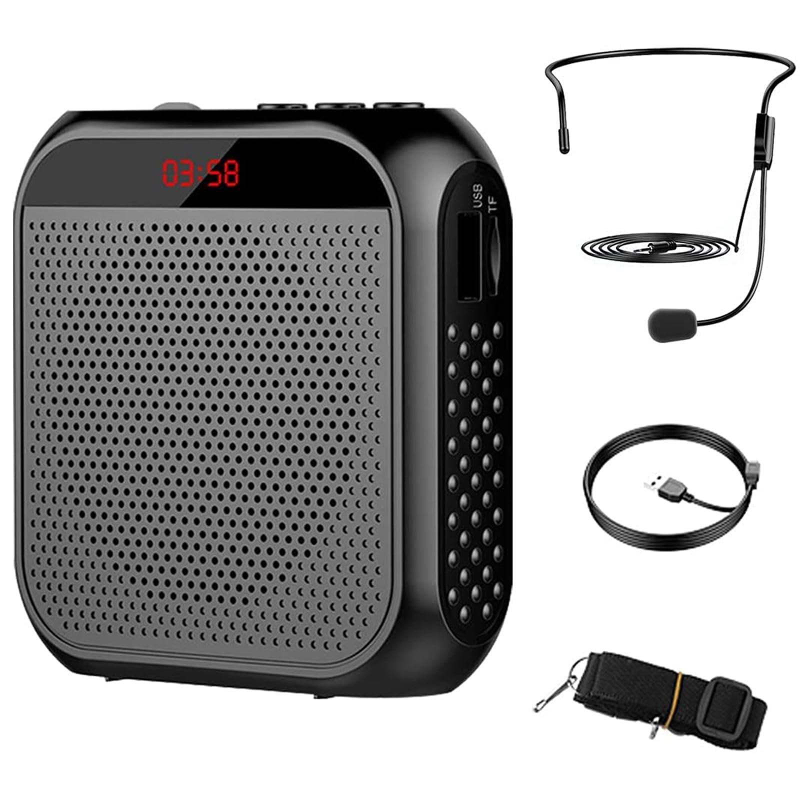 スピーカー 拡声器 メガホン ポータブル拡声器 ハンズフリー拡声器 マイク付き デジタルディスプレイ付き 外観 小型 microSDカード対応 講演/誘導案内/街頭演説/店頭販売/音楽再生/アウトドアプロモーションなどに適用 USB充電式 2200mAh大容量(ブラック)