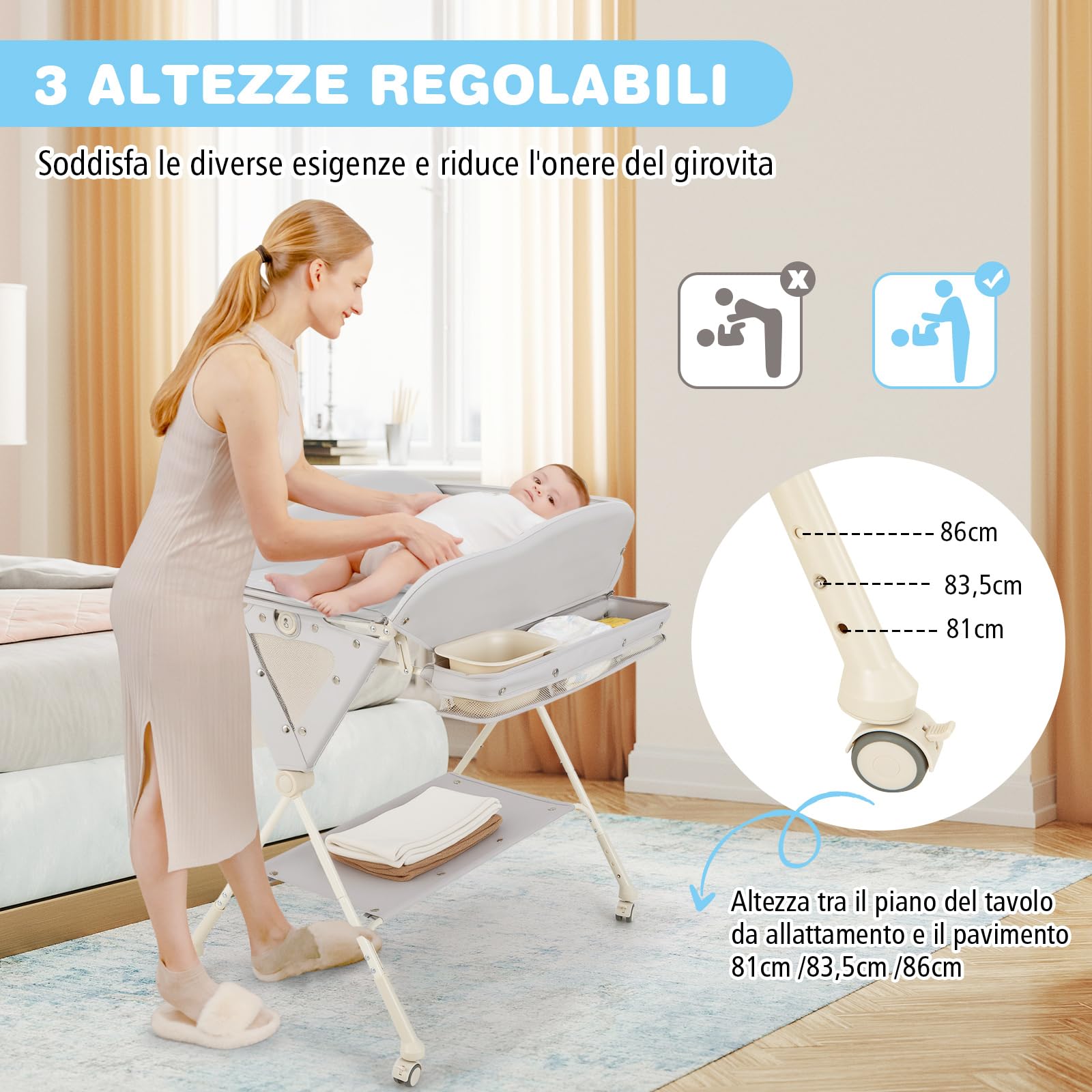 Costway Fasciatoio Pieghevole Neonato Portatile con Altezza Regolabile 3 Livelli, Grigio