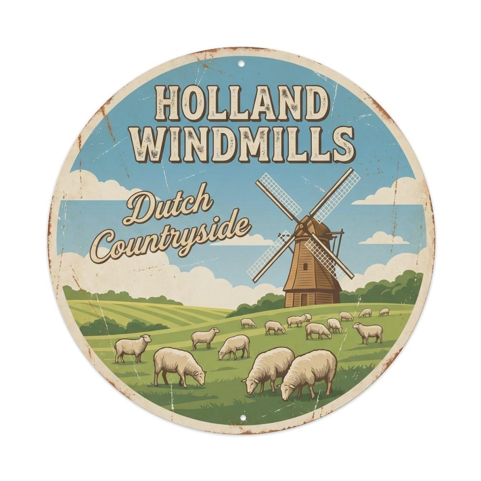 Vintage Travel Windmill Countryside Holland Metal Tin Sign Plaque Wall Decor for Cafe, Club, Garden Round Metal Poster 8x8Inch