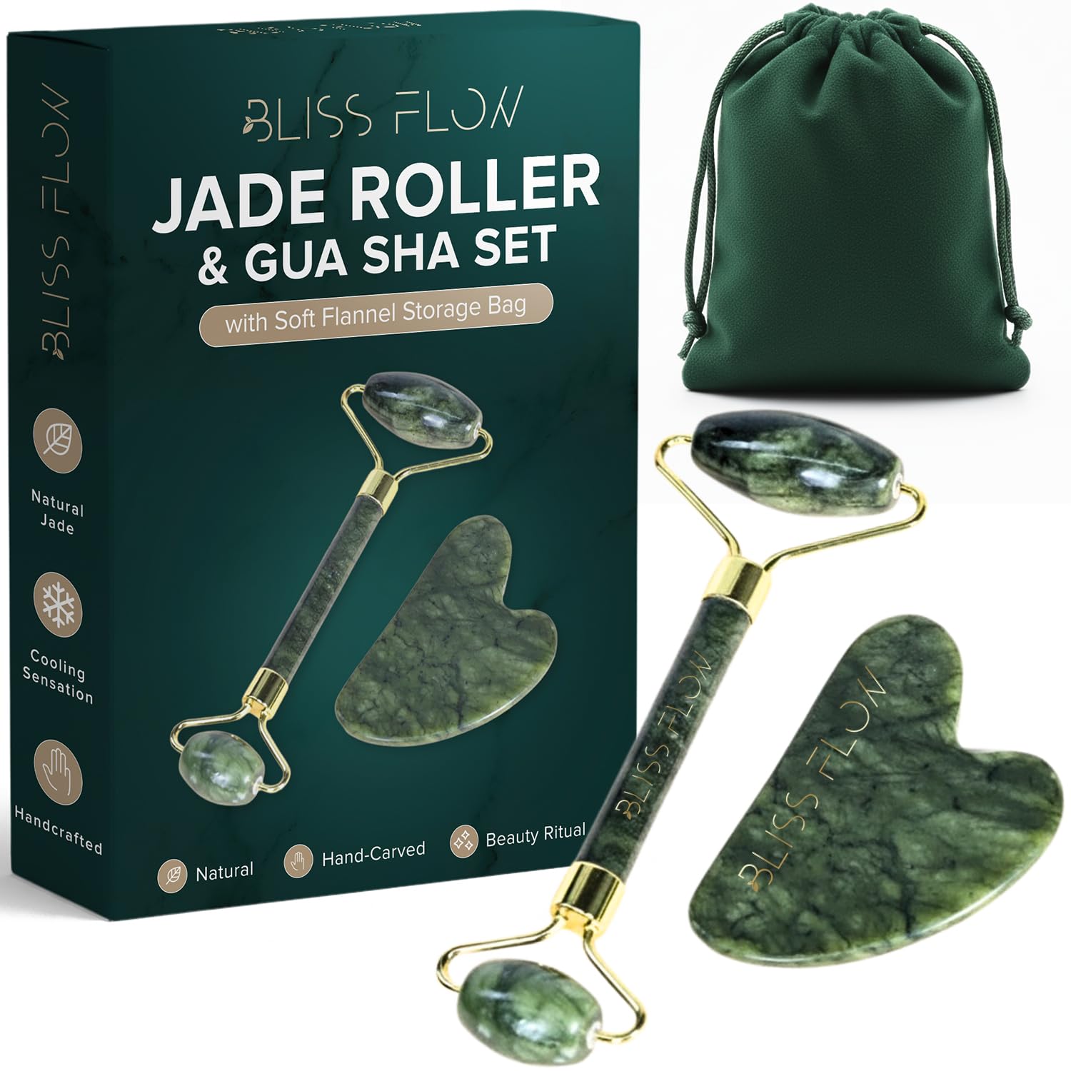 Jade Roller Gua Sha Set Natural Jade Face Roller for Puffiness Wrinkles Lifting Cooling Facial Massage Tool for