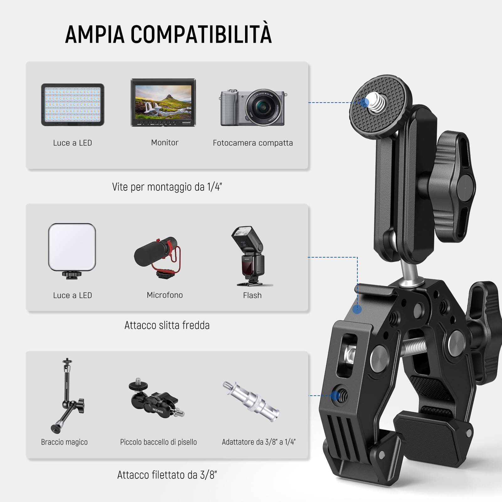NEEWER Super Clamp con 3" Magic Arm a Doppia Testa Sferica, Cold Shoe, Filetto 1/4", Adattatore Telefono/Action Camera per Treppiede Tavolo Barra Aste Gimbal, Compatibili con SmallRig GoPro DJI, ST83