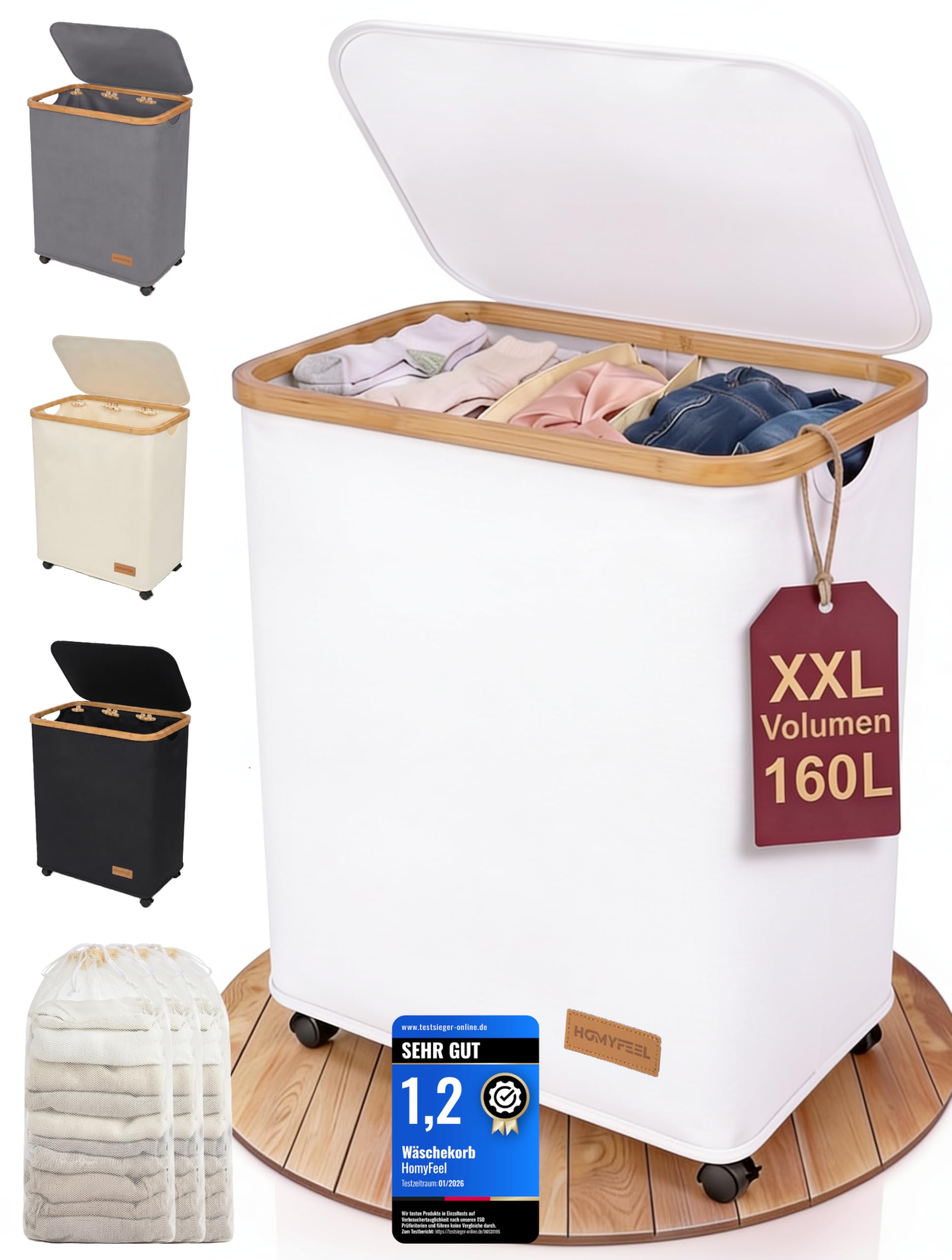 HomyFeel - Cesto para la colada con 3 compartimentos, 57 x 37,5 x 79 cm, 160 L, cesta para la ropa con tapa, bolsa de lavandería extraíble, cesta plegable de tela Oxford, cesta para la ropa con ruedas
